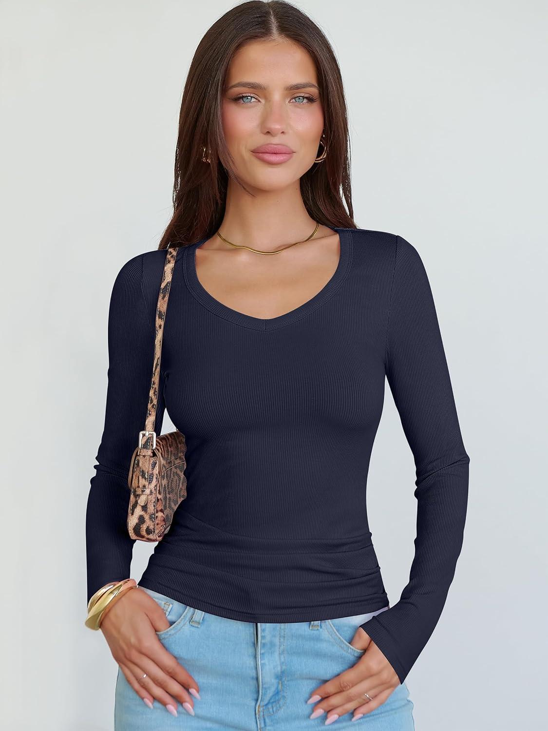 imageANRABESS Long Sleeve Shirts for Women V Neck Ribbed Knit Fitted Fall Basic Tshirts Going Out Tops 2025 Casual Trendy ClothesNavy Blue