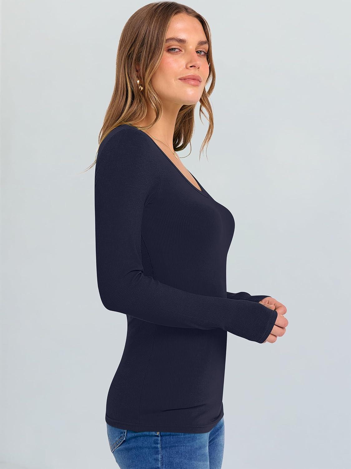 imageANRABESS Long Sleeve Shirts for Women V Neck Ribbed Knit Fitted Fall Basic Tshirts Going Out Tops 2025 Casual Trendy ClothesNavy Blue