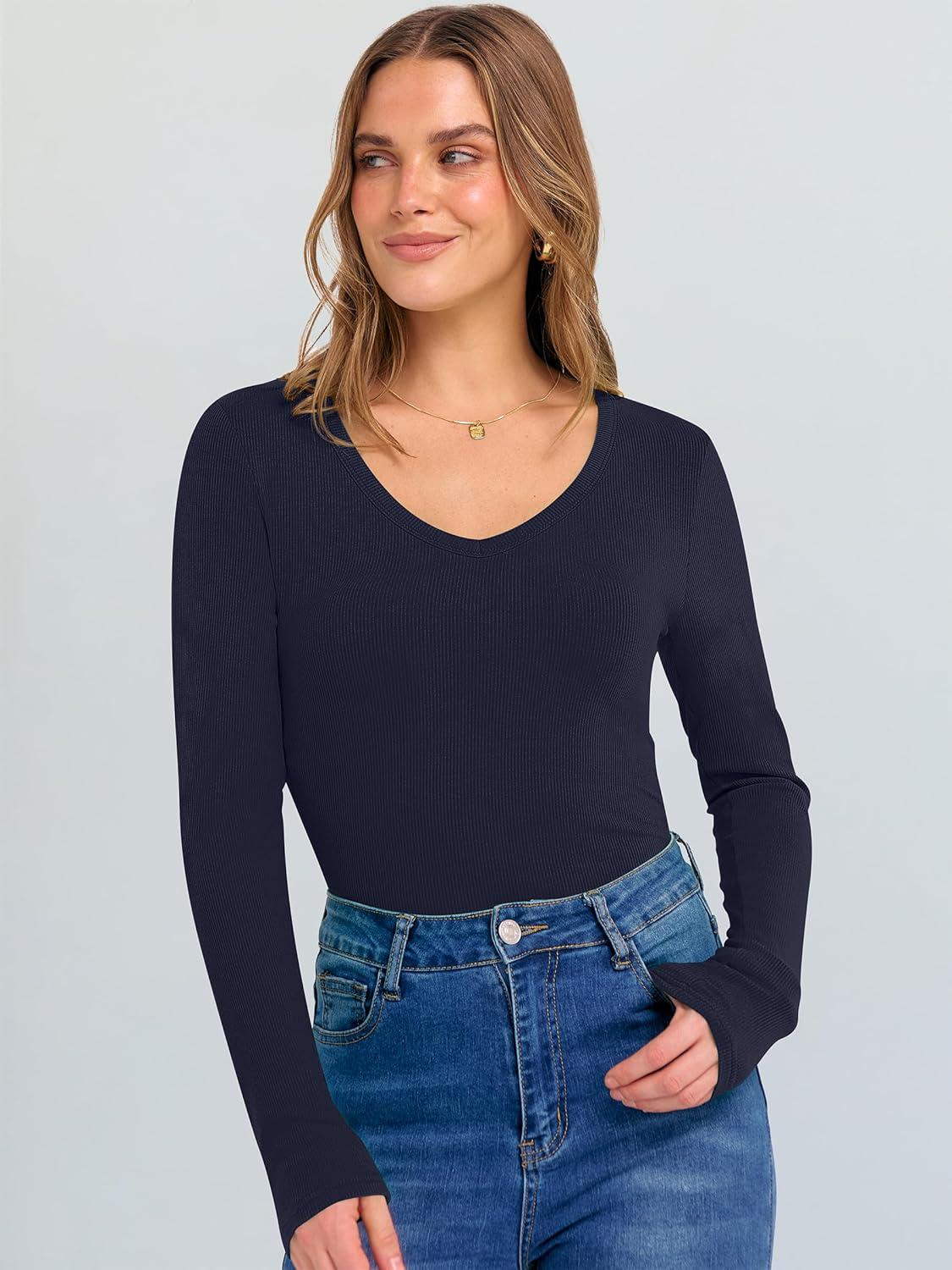 imageANRABESS Long Sleeve Shirts for Women V Neck Ribbed Knit Fitted Fall Basic Tshirts Going Out Tops 2025 Casual Trendy ClothesNavy Blue