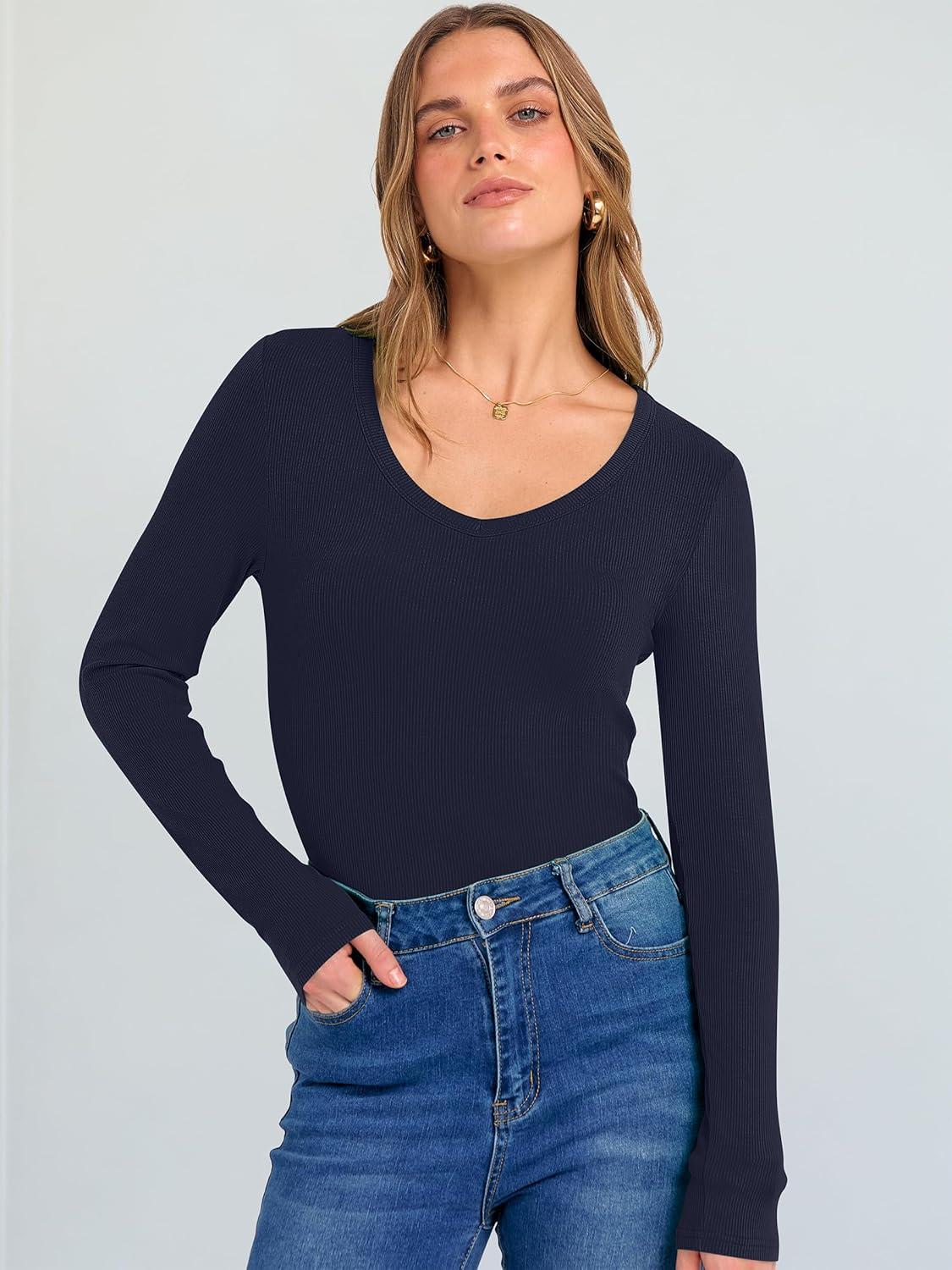 imageANRABESS Long Sleeve Shirts for Women V Neck Ribbed Knit Fitted Fall Basic Tshirts Going Out Tops 2025 Casual Trendy ClothesNavy Blue