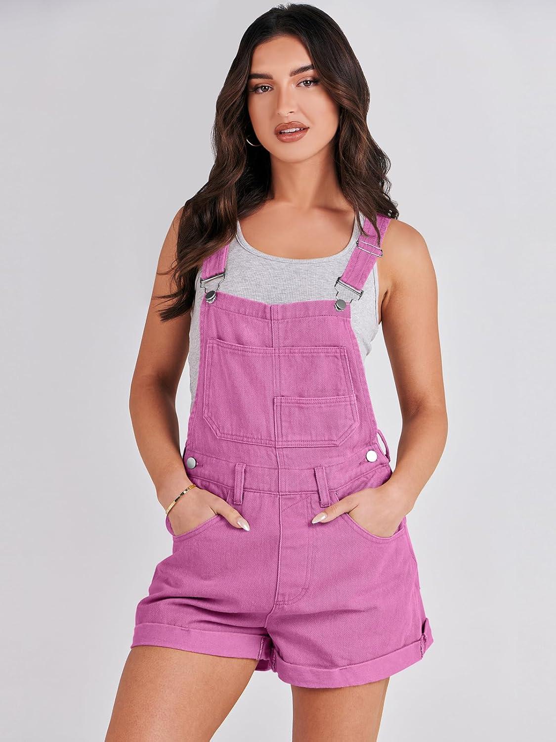 imageANRABESS Overalls for Women Denim Shorts Overalls 2025 Summer Casual Loose Fit Adjustable Rompers Jean jumpsuit Bib ShortallsHot Pink