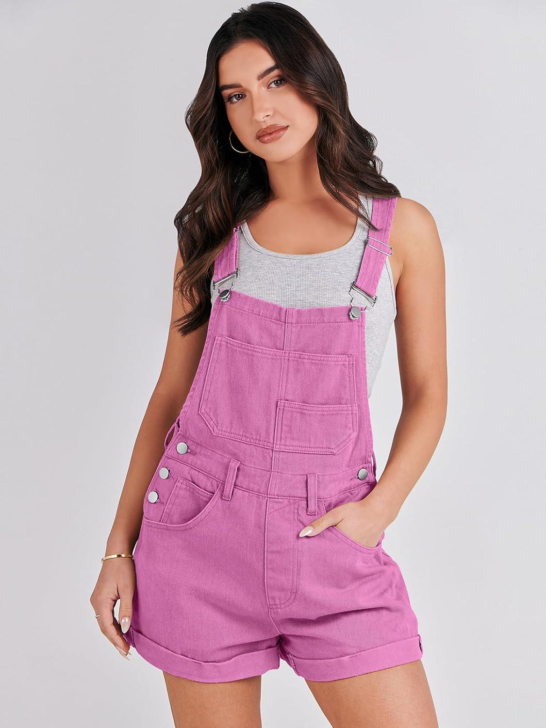 imageANRABESS Overalls for Women Denim Shorts Overalls 2025 Summer Casual Loose Fit Adjustable Rompers Jean jumpsuit Bib ShortallsHot Pink