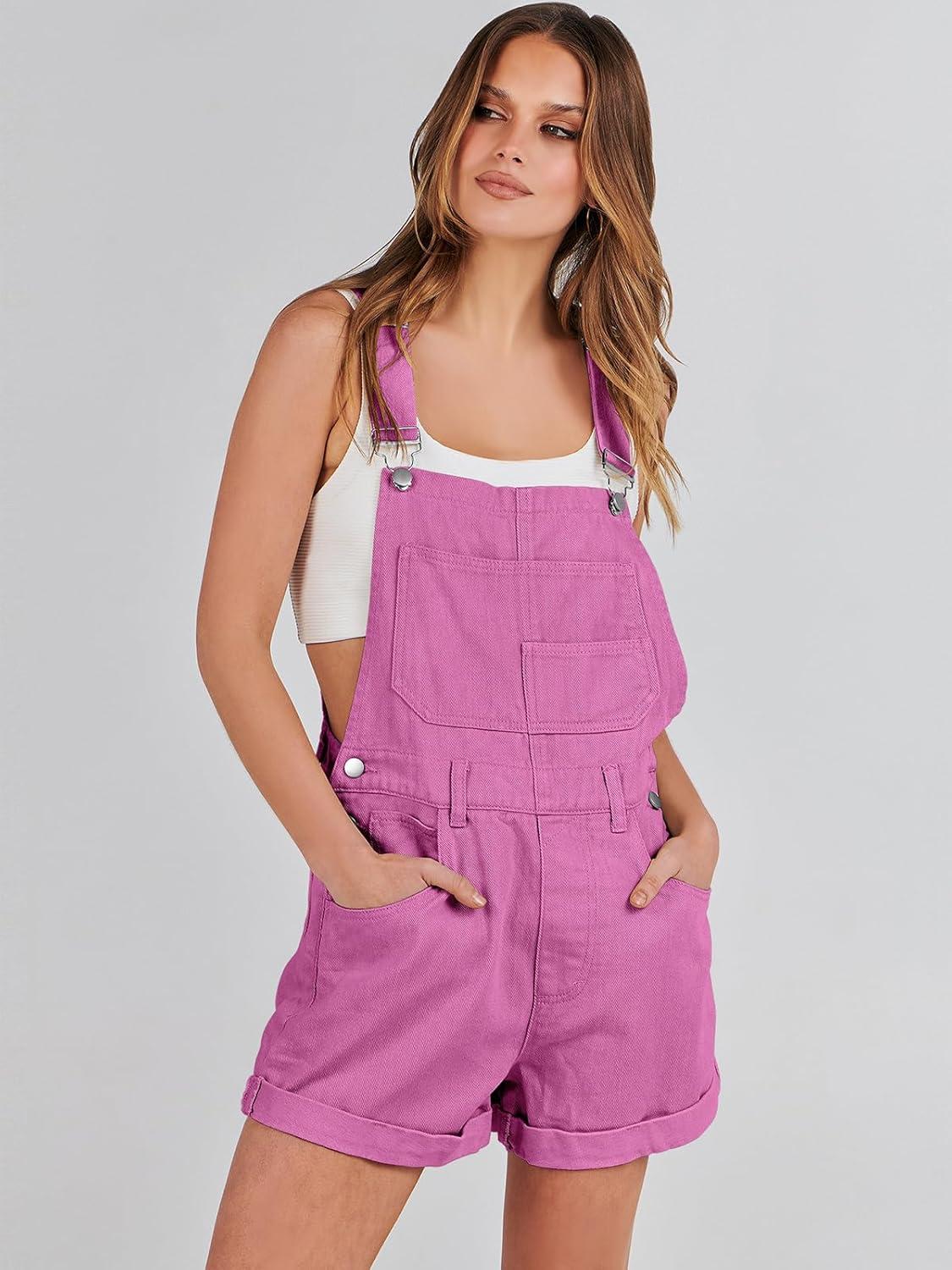 imageANRABESS Overalls for Women Denim Shorts Overalls 2025 Summer Casual Loose Fit Adjustable Rompers Jean jumpsuit Bib ShortallsHot Pink