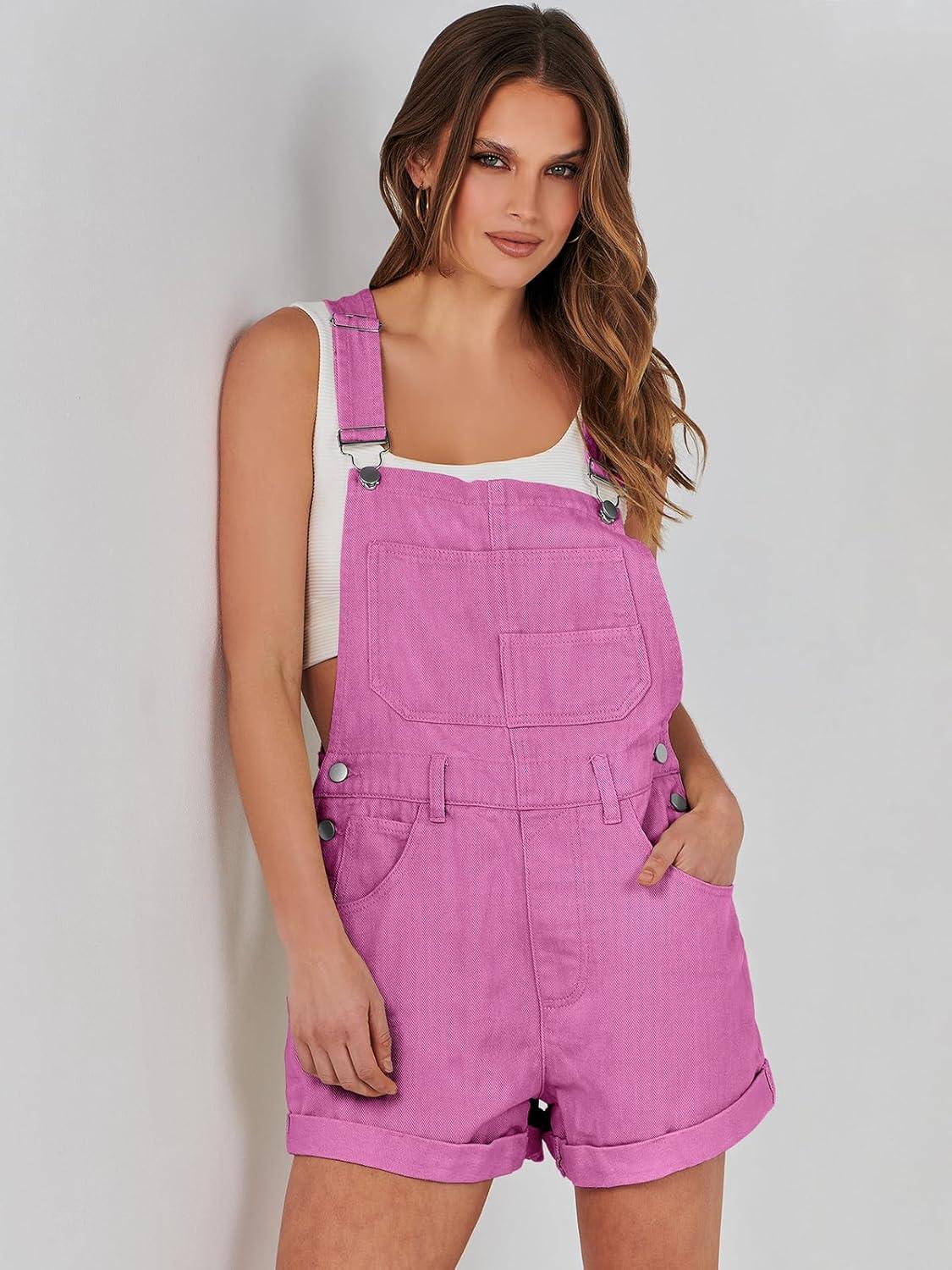 imageANRABESS Overalls for Women Denim Shorts Overalls 2025 Summer Casual Loose Fit Adjustable Rompers Jean jumpsuit Bib ShortallsHot Pink