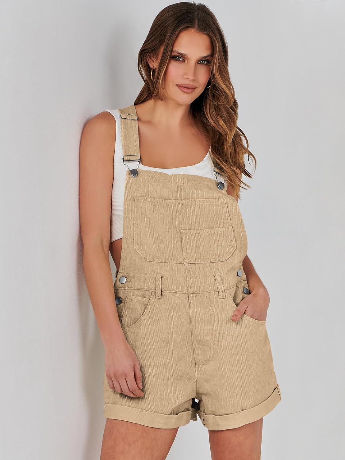 imageANRABESS Overalls for Women Denim Shorts Overalls 2025 Summer Casual Loose Fit Adjustable Rompers Jean jumpsuit Bib ShortallsKhaki