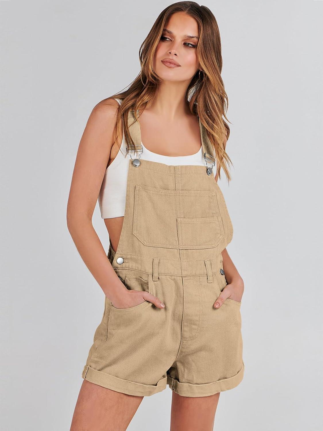 imageANRABESS Overalls for Women Denim Shorts Overalls 2025 Summer Casual Loose Fit Adjustable Rompers Jean jumpsuit Bib ShortallsKhaki