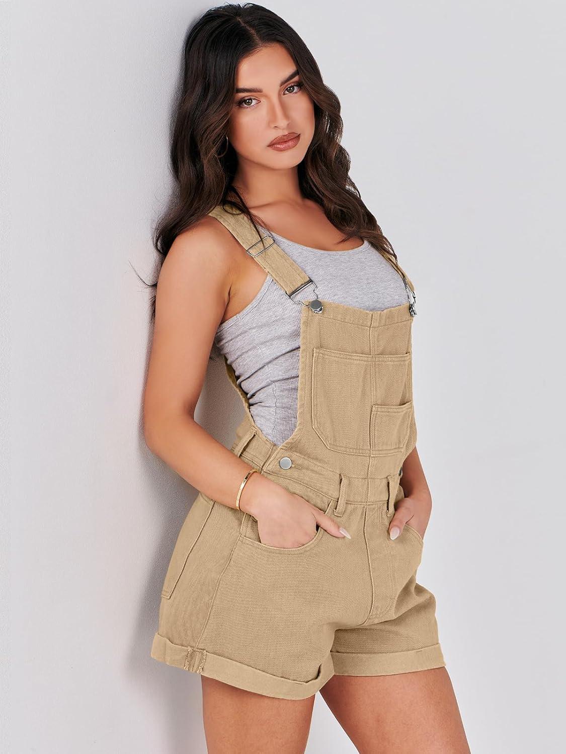 imageANRABESS Overalls for Women Denim Shorts Overalls 2025 Summer Casual Loose Fit Adjustable Rompers Jean jumpsuit Bib ShortallsKhaki