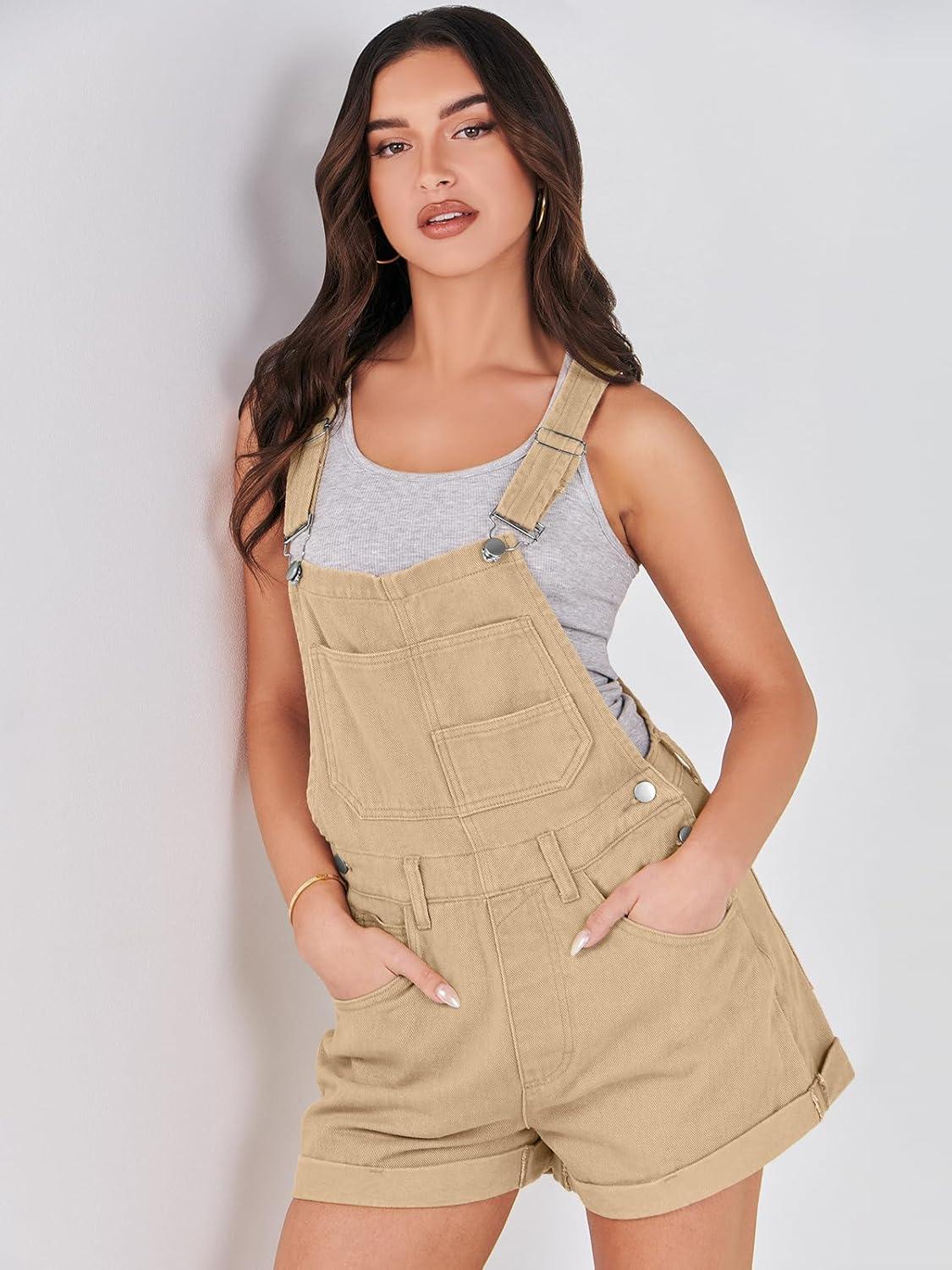 imageANRABESS Overalls for Women Denim Shorts Overalls 2025 Summer Casual Loose Fit Adjustable Rompers Jean jumpsuit Bib ShortallsKhaki