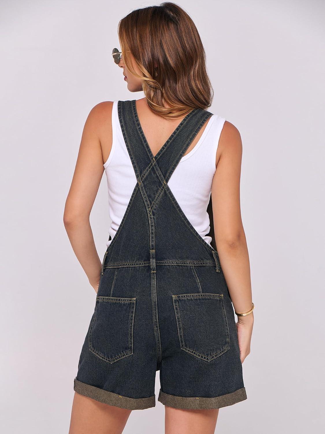 imageANRABESS Overalls for Women Denim Shorts Overalls 2025 Summer Casual Loose Fit Adjustable Rompers Jean jumpsuit Bib ShortallsWashed Deep Indigo