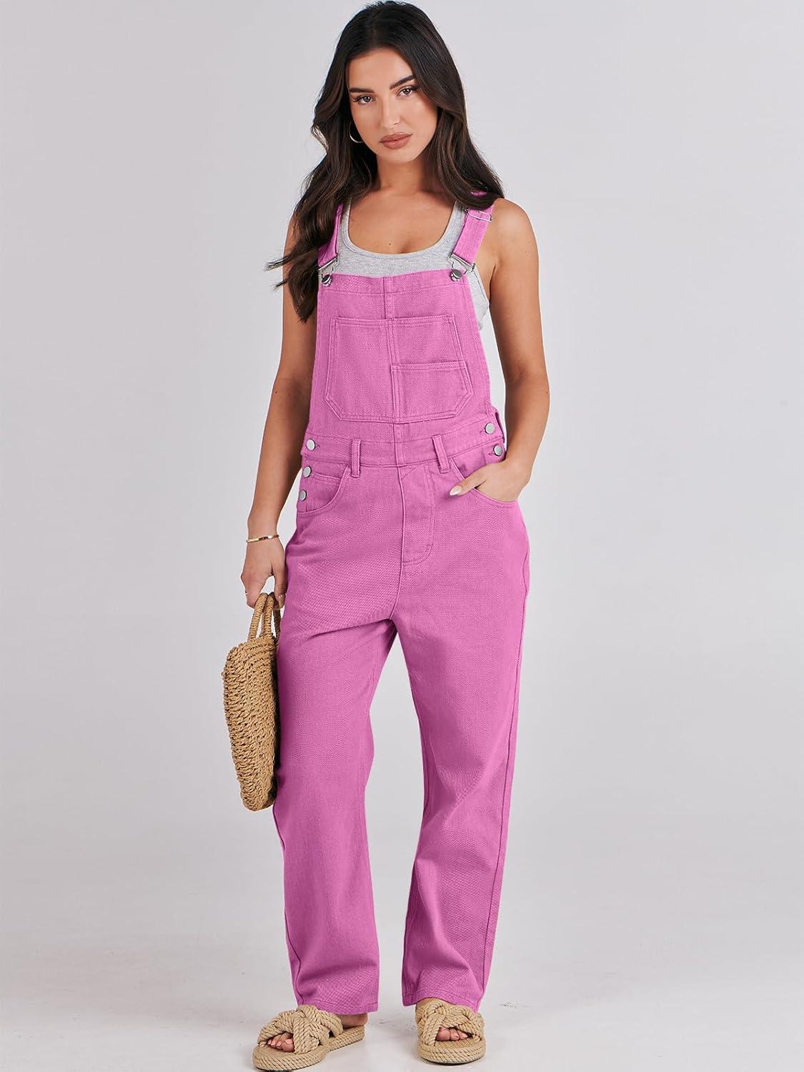 imageANRABESS Overalls for Women Loose Fit Denim Overalls Adjustable Strap Jean Jumpsuit Bib Romper 2025 Fall Casual Work OutfitsHot Pink