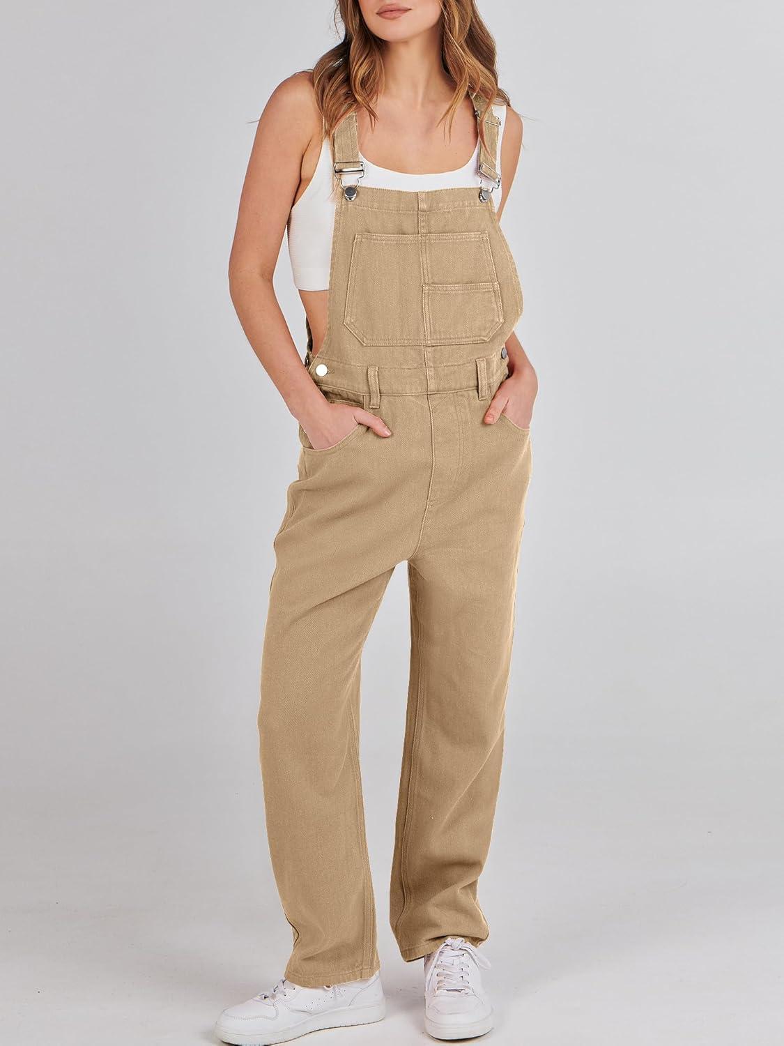 imageANRABESS Overalls for Women Loose Fit Denim Overalls Adjustable Strap Jean Jumpsuit Bib Romper 2025 Fall Casual Work OutfitsKhaki