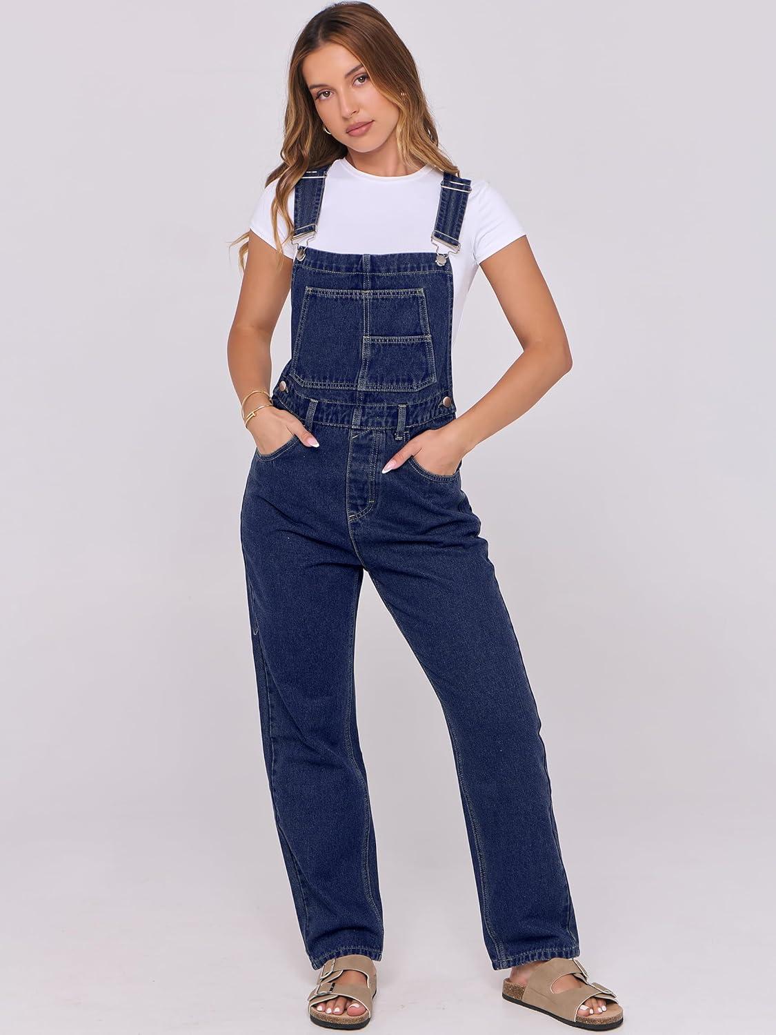 imageANRABESS Overalls for Women Loose Fit Denim Overalls Adjustable Strap Jean Jumpsuit Bib Romper 2025 Fall Casual Work OutfitsWashed Deep Indigo