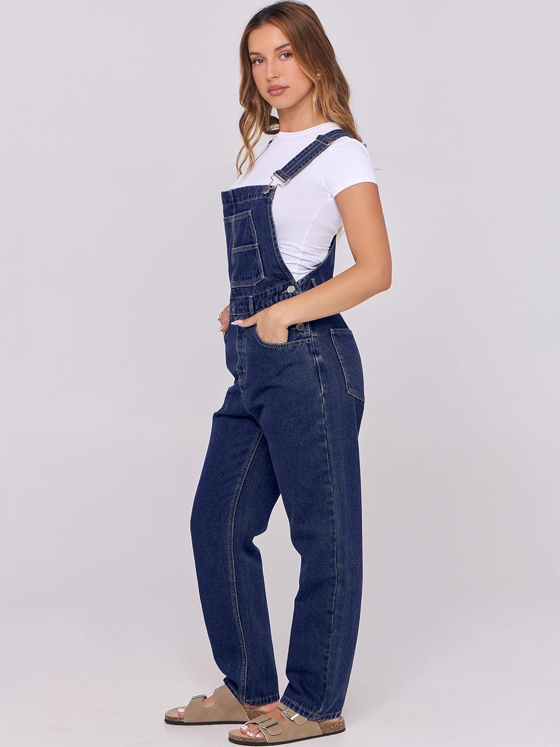 imageANRABESS Overalls for Women Loose Fit Denim Overalls Adjustable Strap Jean Jumpsuit Bib Romper 2025 Fall Casual Work OutfitsWashed Deep Indigo