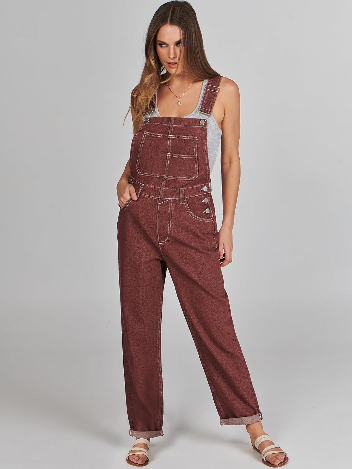 imageANRABESS Overalls for Women Loose Fit Denim Overalls Adjustable Strap Jean Jumpsuit Bib Romper 2025 Fall Casual Work OutfitsWashed Red