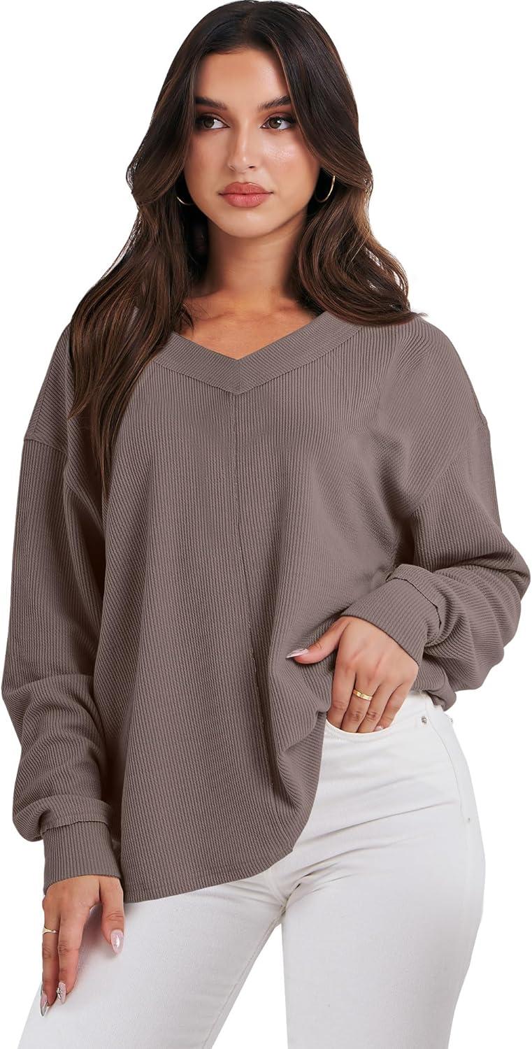 imageANRABESS Oversized Long Sleeve Shirts for Women Off the Shoulder Sweatshirt Loose V Neck Tunic Tops High Low Sweater 2025Light Brown
