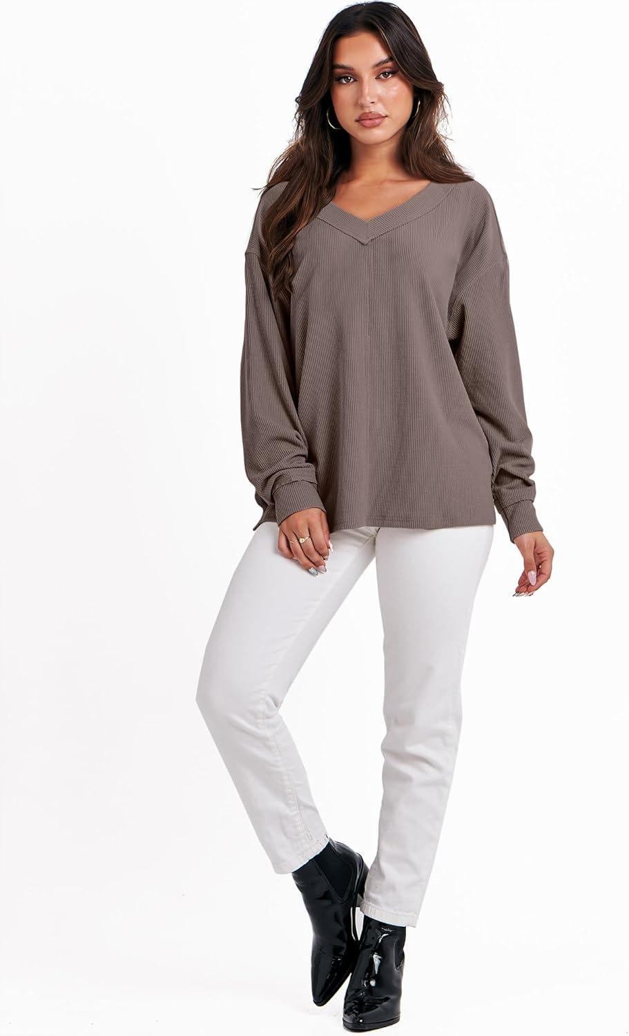 imageANRABESS Oversized Long Sleeve Shirts for Women Off the Shoulder Sweatshirt Loose V Neck Tunic Tops High Low Sweater 2025Light Brown
