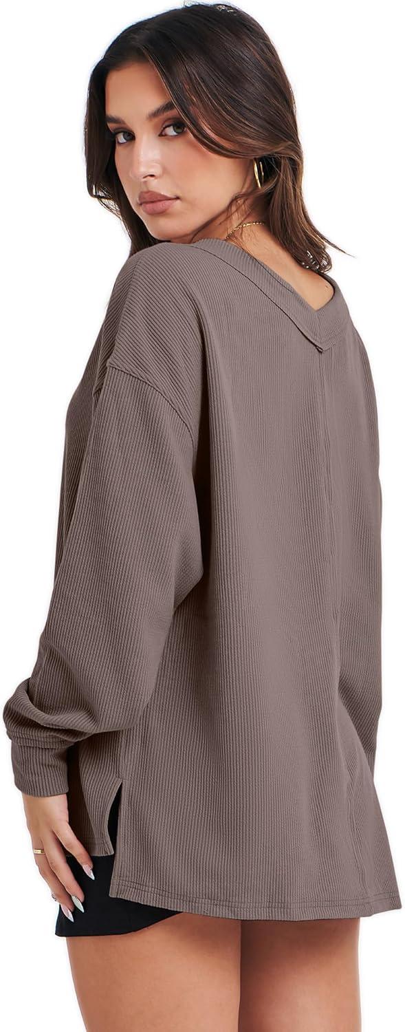 imageANRABESS Oversized Long Sleeve Shirts for Women Off the Shoulder Sweatshirt Loose V Neck Tunic Tops High Low Sweater 2025Light Brown