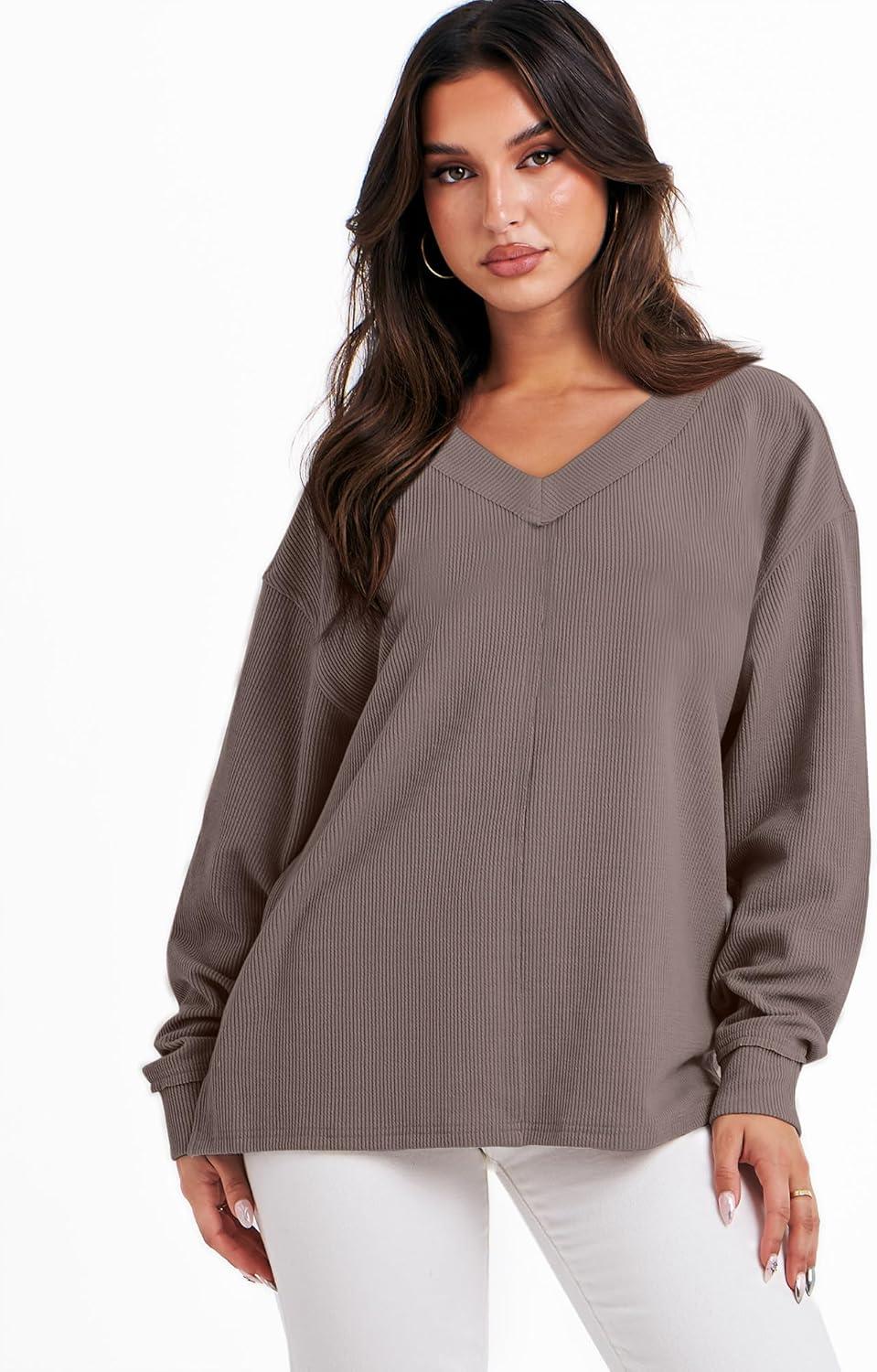 imageANRABESS Oversized Long Sleeve Shirts for Women Off the Shoulder Sweatshirt Loose V Neck Tunic Tops High Low Sweater 2025Light Brown