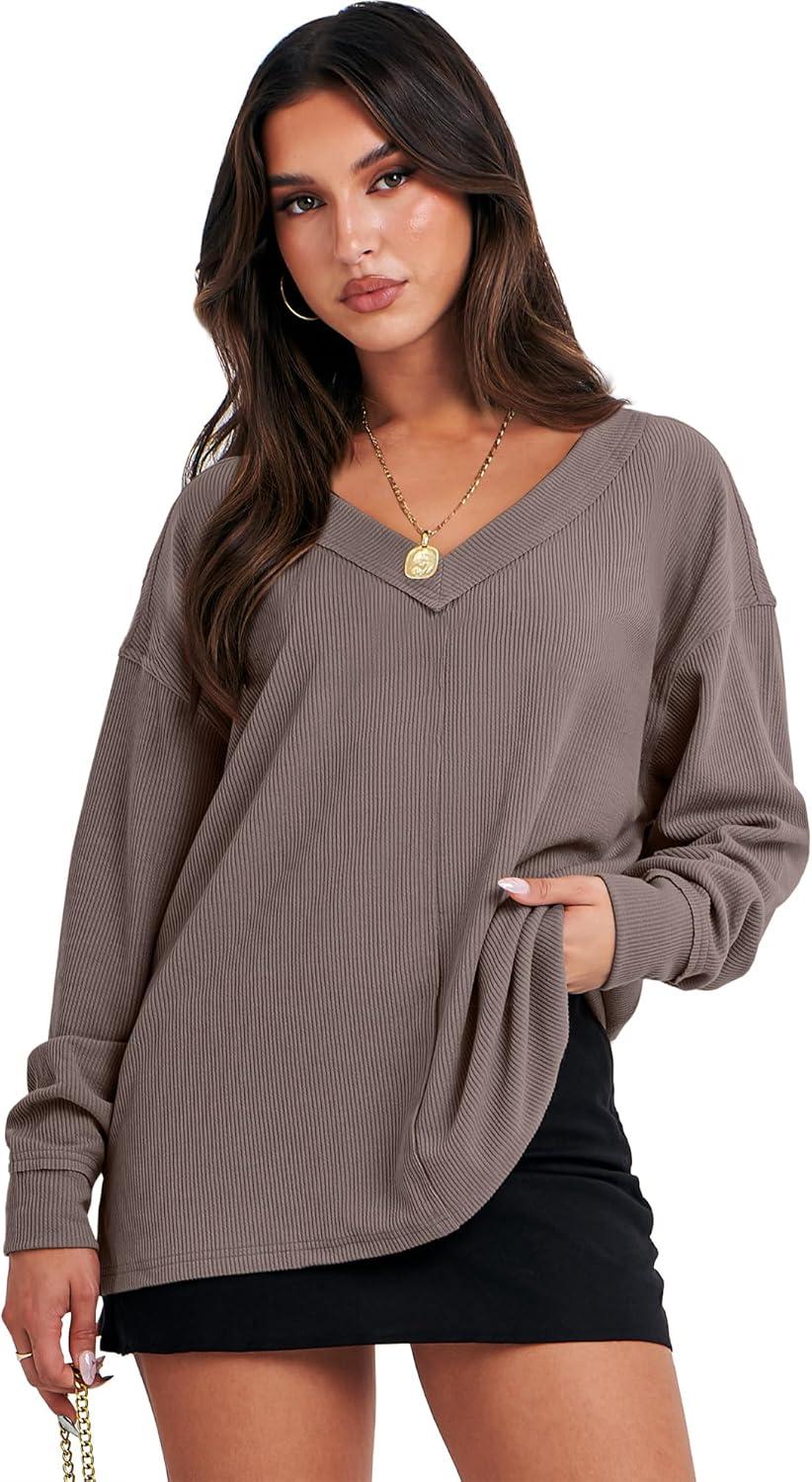 imageANRABESS Oversized Long Sleeve Shirts for Women Off the Shoulder Sweatshirt Loose V Neck Tunic Tops High Low Sweater 2025Light Brown