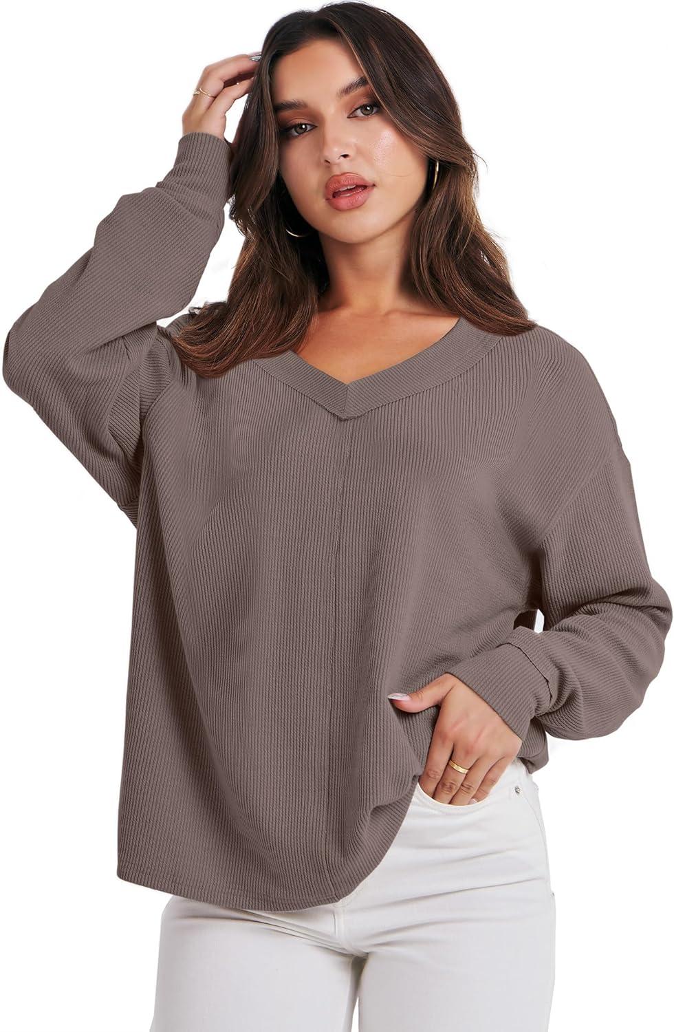 imageANRABESS Oversized Long Sleeve Shirts for Women Off the Shoulder Sweatshirt Loose V Neck Tunic Tops High Low Sweater 2025Light Brown