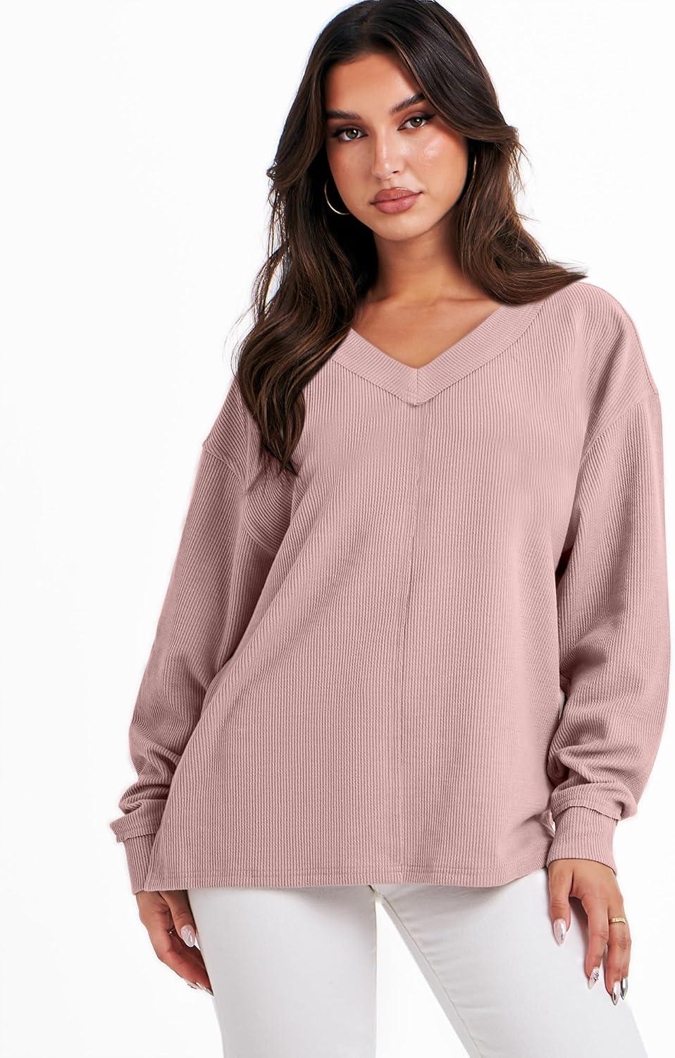 imageANRABESS Oversized Long Sleeve Shirts for Women Off the Shoulder Sweatshirt Loose V Neck Tunic Tops High Low Sweater 2025Pink