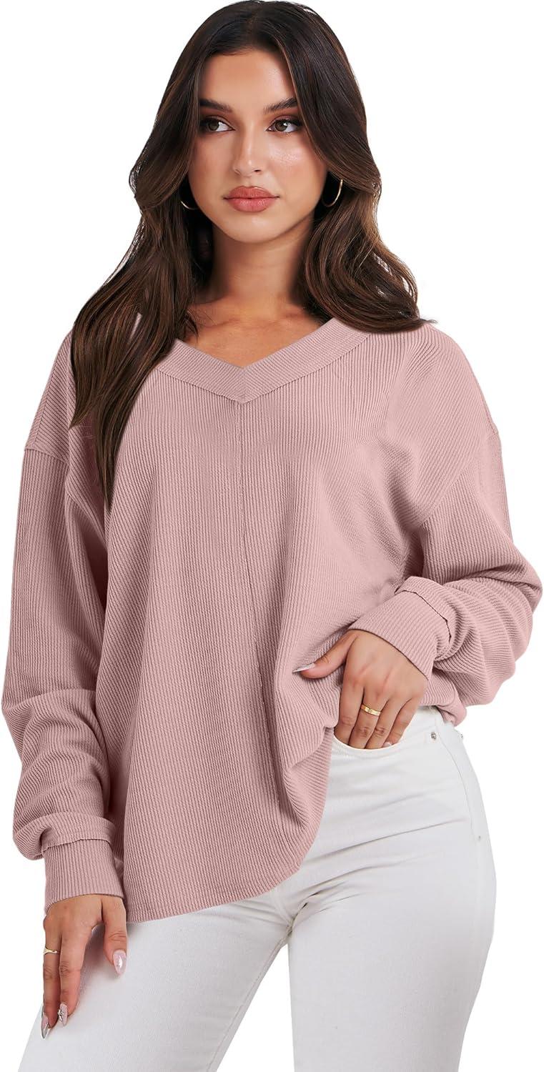 imageANRABESS Oversized Long Sleeve Shirts for Women Off the Shoulder Sweatshirt Loose V Neck Tunic Tops High Low Sweater 2025Pink
