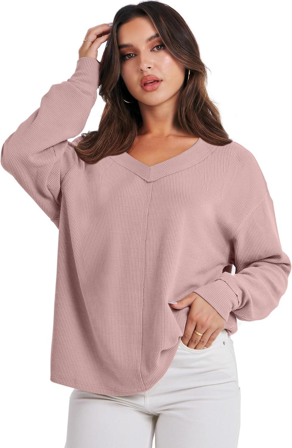 imageANRABESS Oversized Long Sleeve Shirts for Women Off the Shoulder Sweatshirt Loose V Neck Tunic Tops High Low Sweater 2025Pink