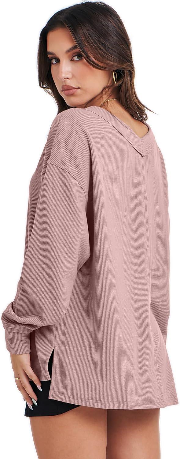 imageANRABESS Oversized Long Sleeve Shirts for Women Off the Shoulder Sweatshirt Loose V Neck Tunic Tops High Low Sweater 2025Pink