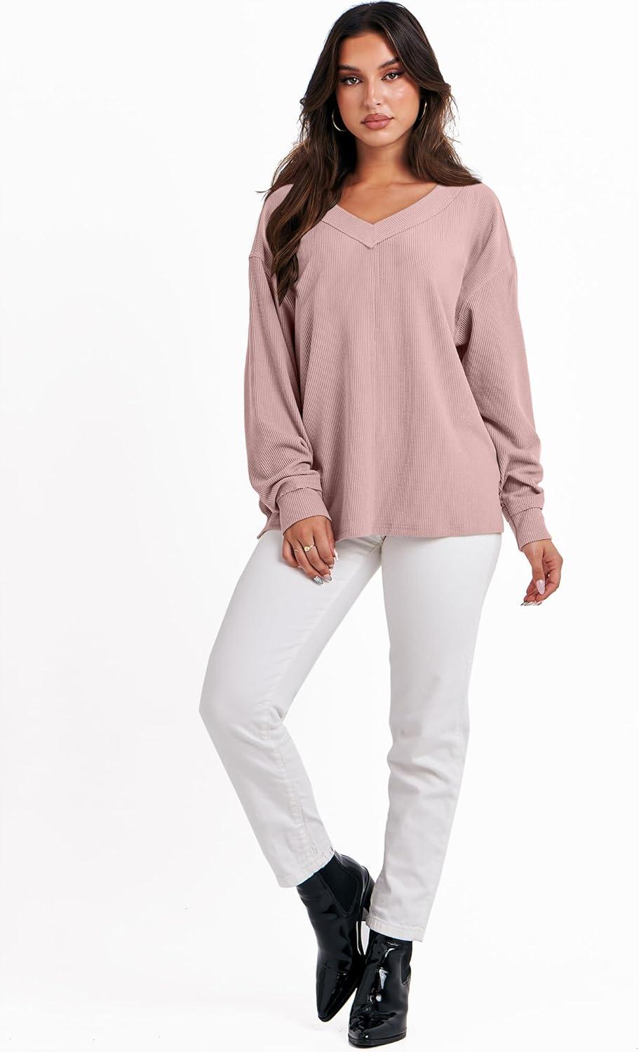 imageANRABESS Oversized Long Sleeve Shirts for Women Off the Shoulder Sweatshirt Loose V Neck Tunic Tops High Low Sweater 2025Pink