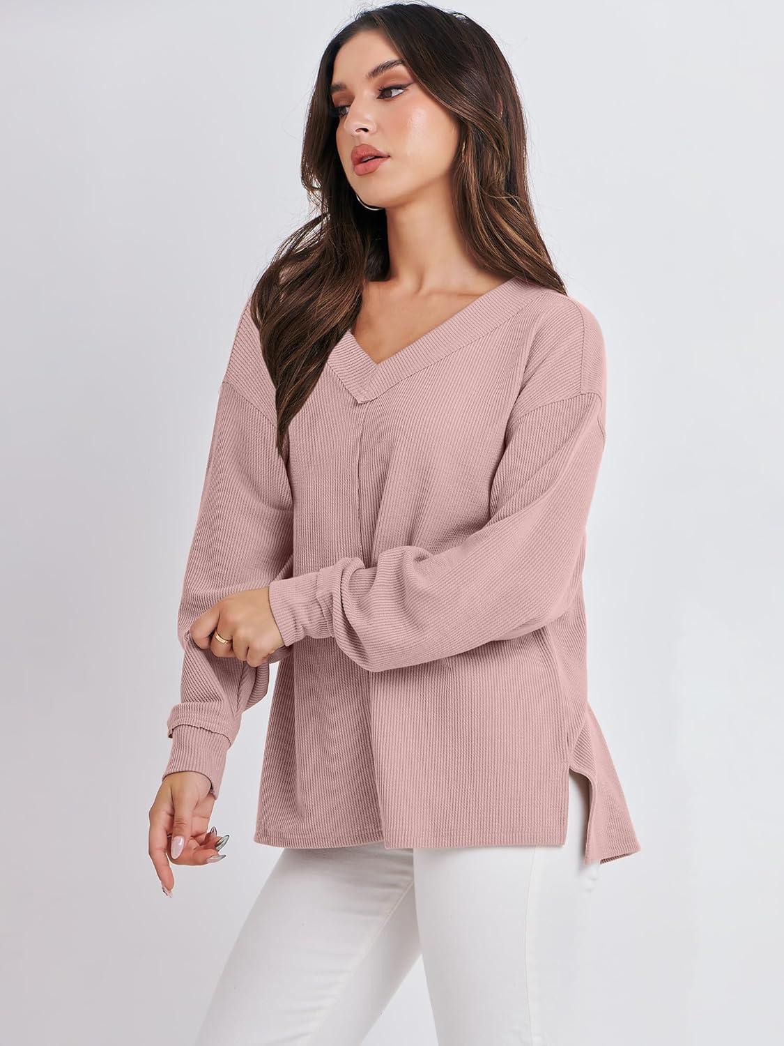 imageANRABESS Oversized Long Sleeve Shirts for Women Off the Shoulder Sweatshirt Loose V Neck Tunic Tops High Low Sweater 2025Pink