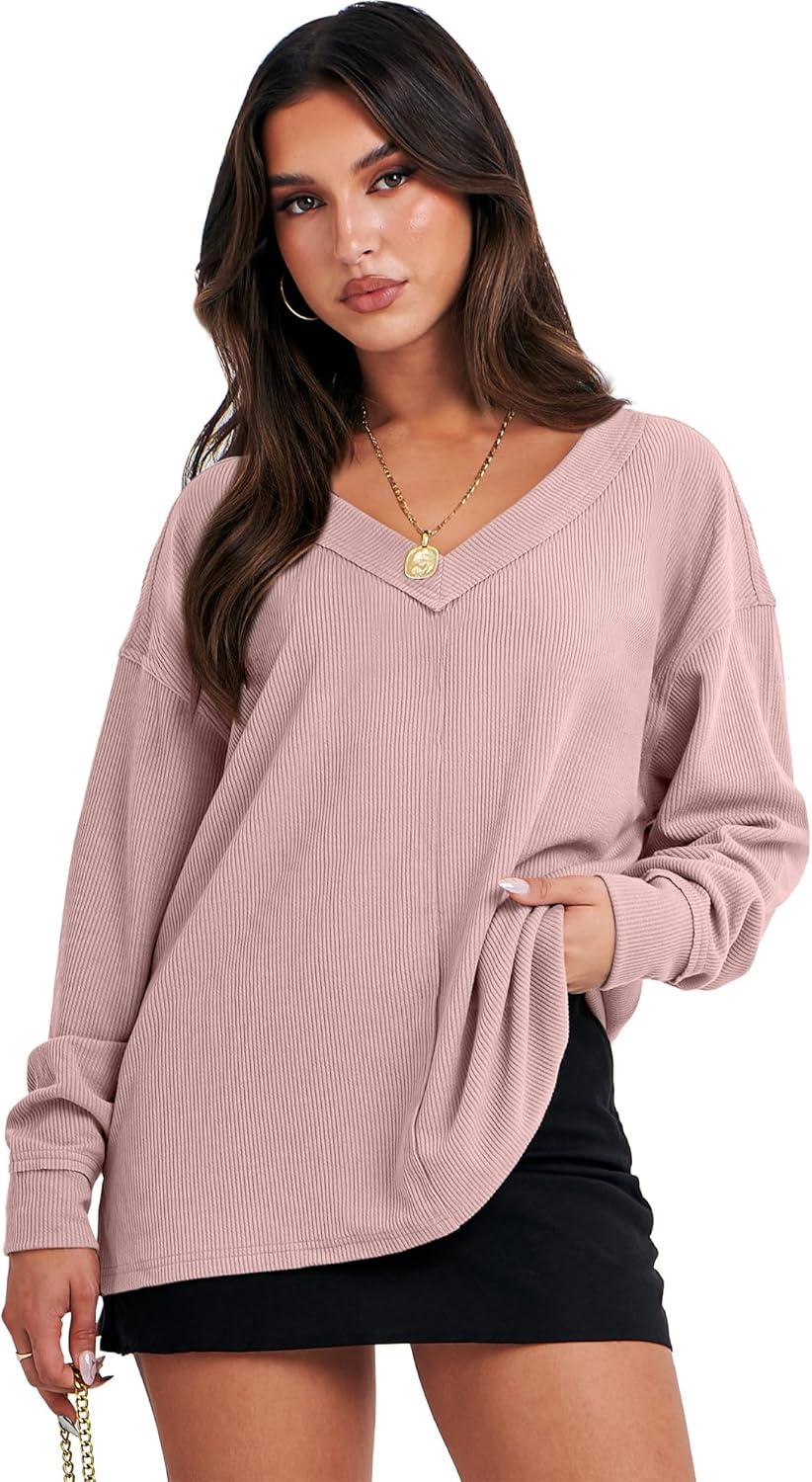 imageANRABESS Oversized Long Sleeve Shirts for Women Off the Shoulder Sweatshirt Loose V Neck Tunic Tops High Low Sweater 2025Pink