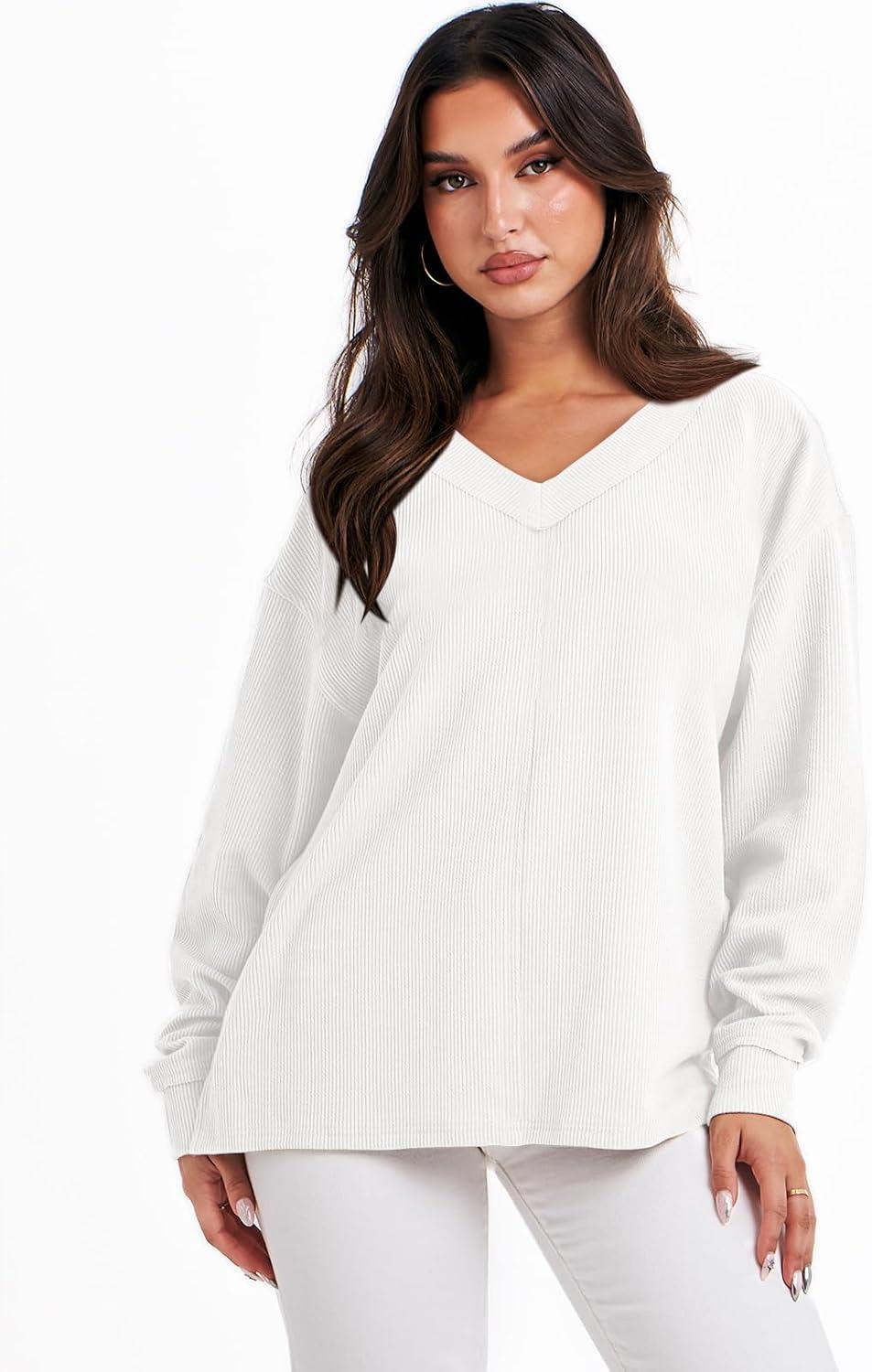 imageANRABESS Oversized Long Sleeve Shirts for Women Off the Shoulder Sweatshirt Loose V Neck Tunic Tops High Low Sweater 2025White
