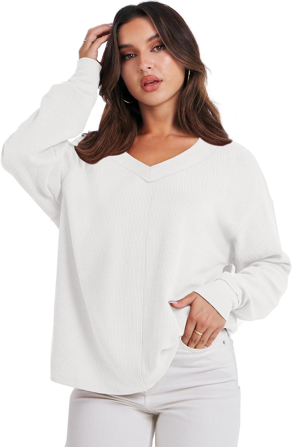 imageANRABESS Oversized Long Sleeve Shirts for Women Off the Shoulder Sweatshirt Loose V Neck Tunic Tops High Low Sweater 2025White