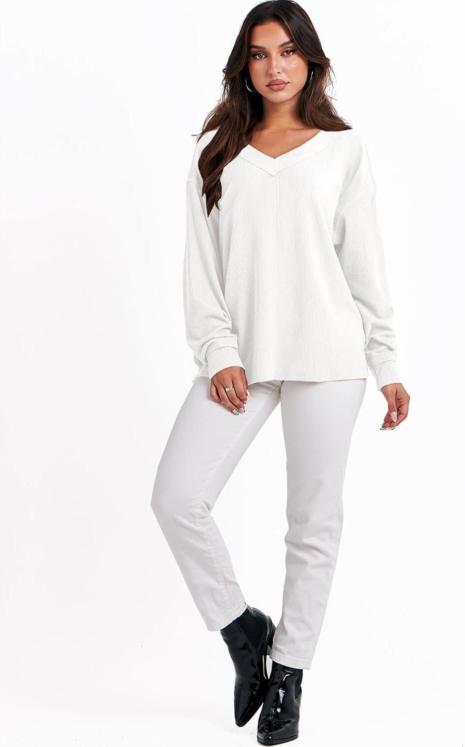 imageANRABESS Oversized Long Sleeve Shirts for Women Off the Shoulder Sweatshirt Loose V Neck Tunic Tops High Low Sweater 2025White