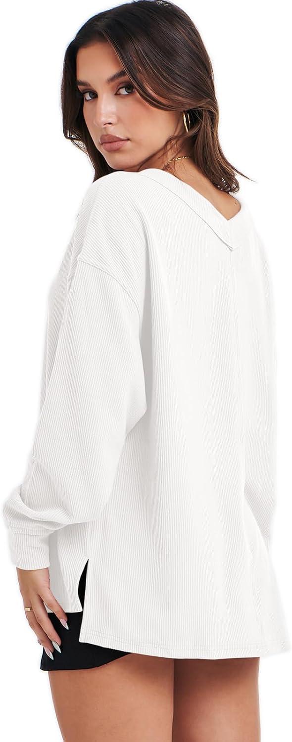imageANRABESS Oversized Long Sleeve Shirts for Women Off the Shoulder Sweatshirt Loose V Neck Tunic Tops High Low Sweater 2025White
