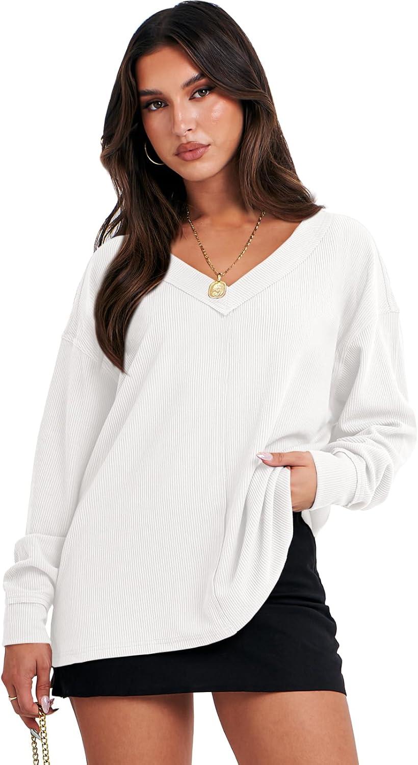 imageANRABESS Oversized Long Sleeve Shirts for Women Off the Shoulder Sweatshirt Loose V Neck Tunic Tops High Low Sweater 2025White