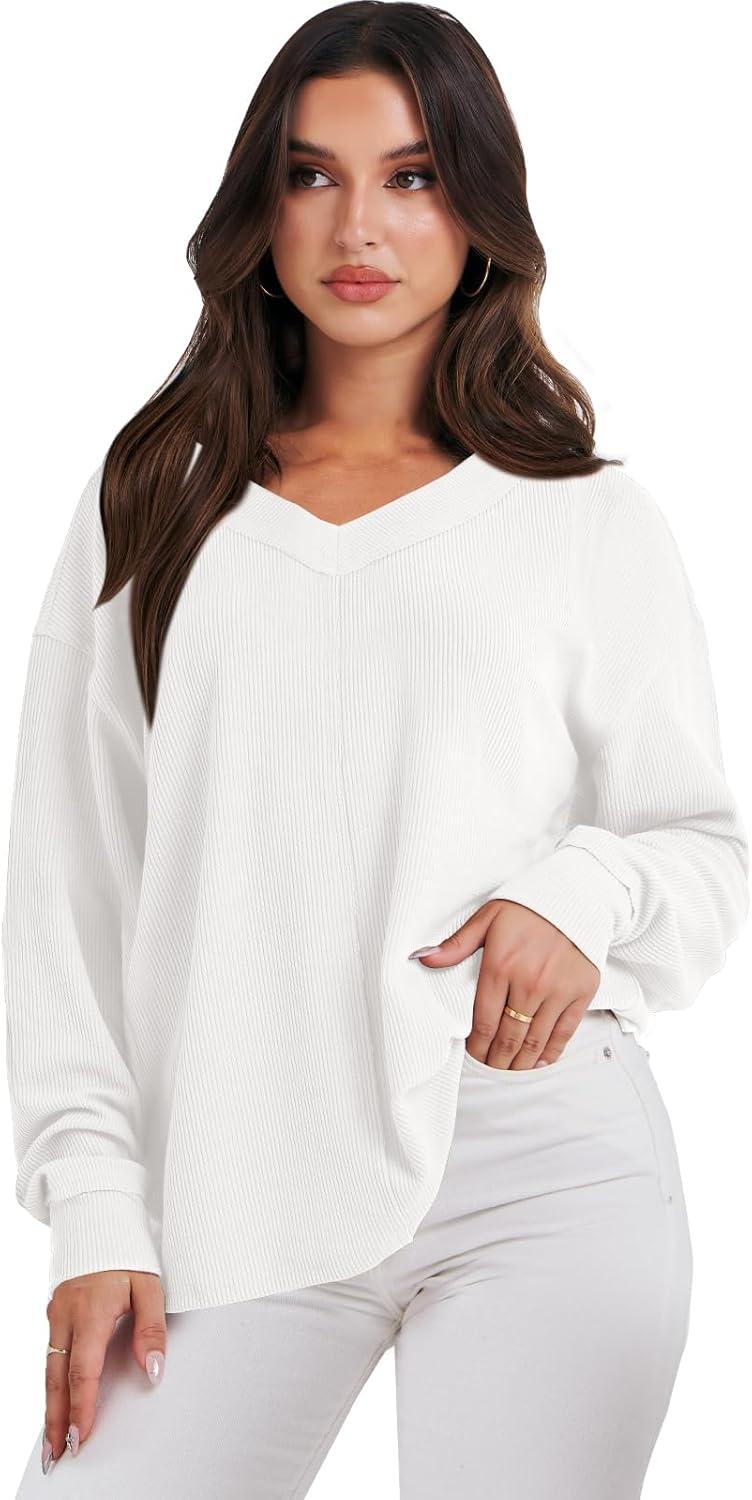 imageANRABESS Oversized Long Sleeve Shirts for Women Off the Shoulder Sweatshirt Loose V Neck Tunic Tops High Low Sweater 2025White