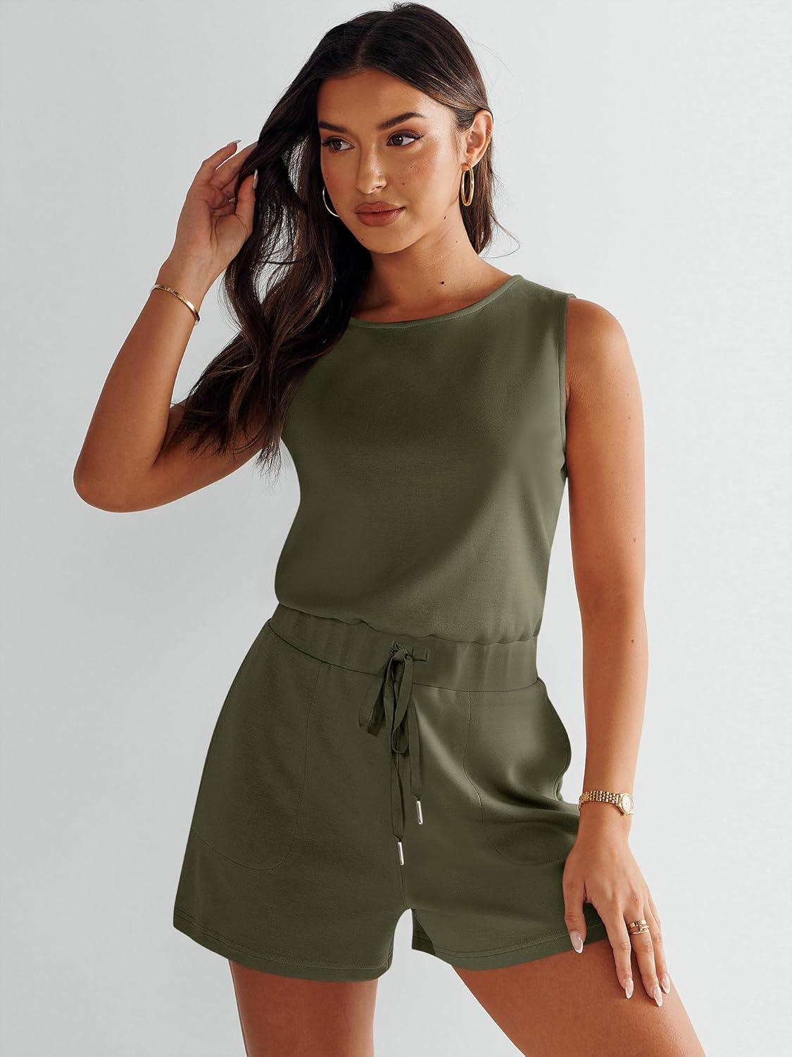 imageANRABESS Romper for Women Short Jumpsuit Summer Casual Dressy Sleeveless Outfits Beach Vacation 2025 Trendy One Piece ClothesArmy Green