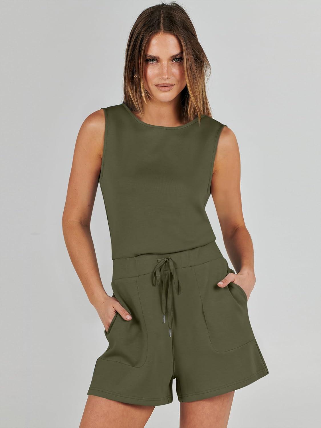 imageANRABESS Romper for Women Short Jumpsuit Summer Casual Dressy Sleeveless Outfits Beach Vacation 2025 Trendy One Piece ClothesArmy Green