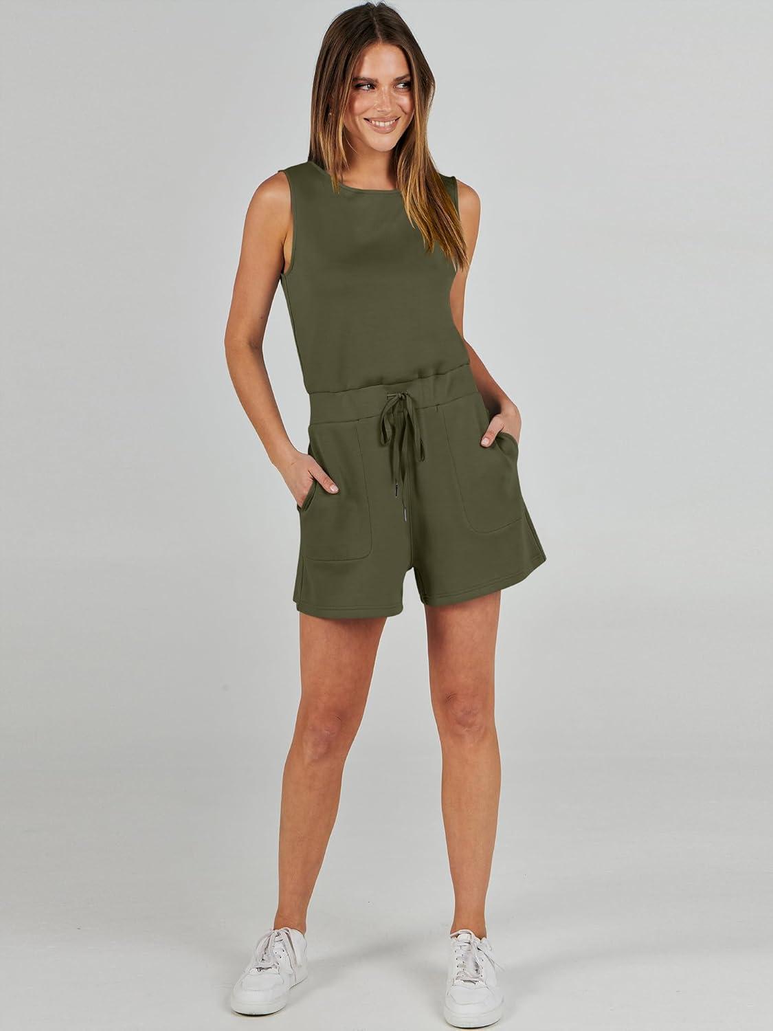 imageANRABESS Romper for Women Short Jumpsuit Summer Casual Dressy Sleeveless Outfits Beach Vacation 2025 Trendy One Piece ClothesArmy Green