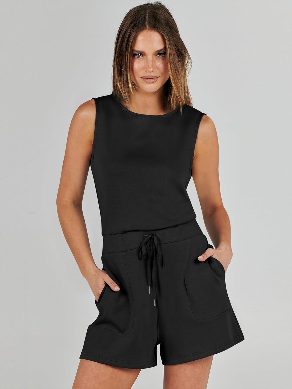 imageANRABESS Romper for Women Short Jumpsuit Summer Casual Dressy Sleeveless Outfits Beach Vacation 2025 Trendy One Piece ClothesBlack