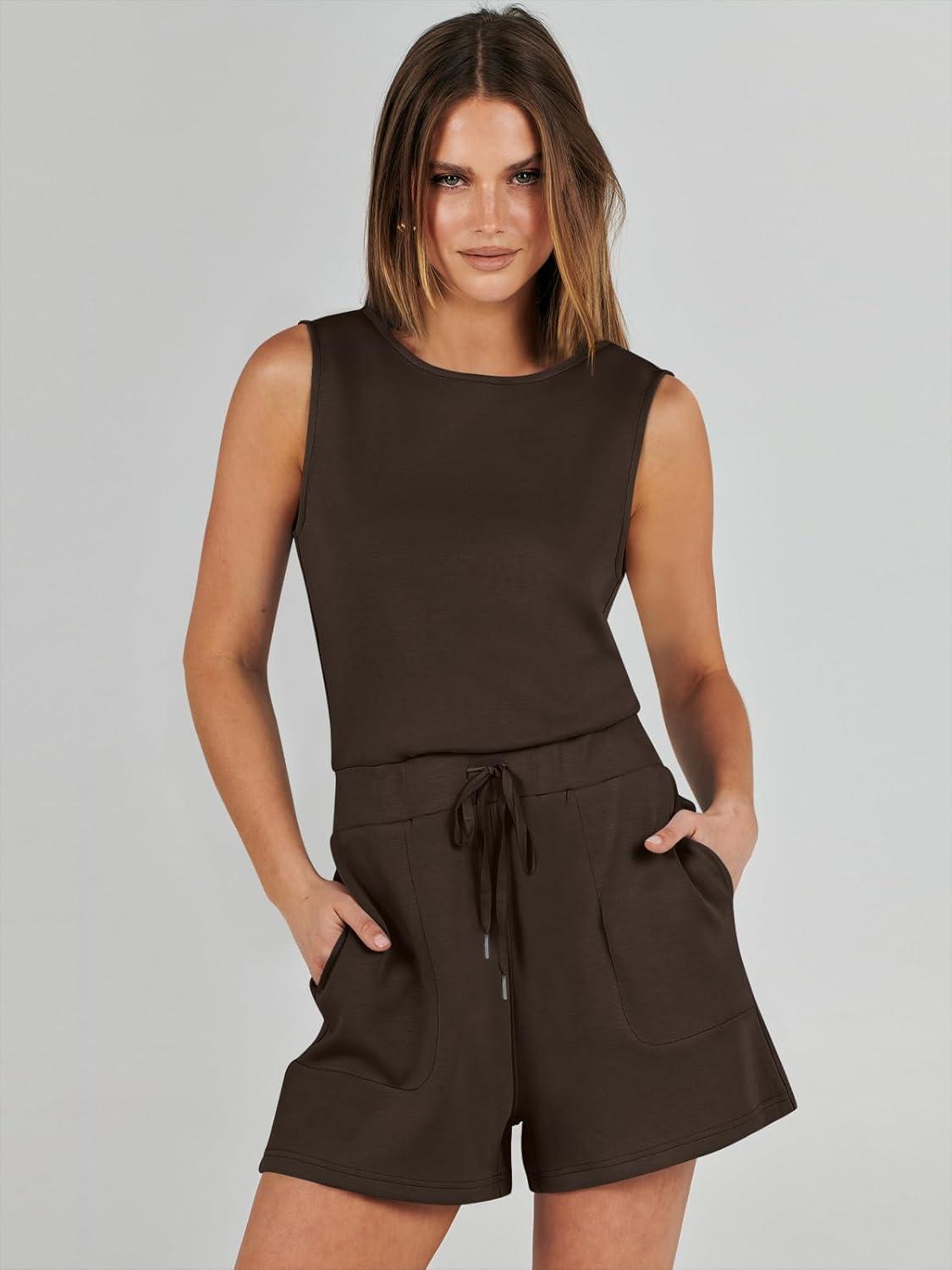 imageANRABESS Romper for Women Short Jumpsuit Summer Casual Dressy Sleeveless Outfits Beach Vacation 2025 Trendy One Piece ClothesDeep Brown