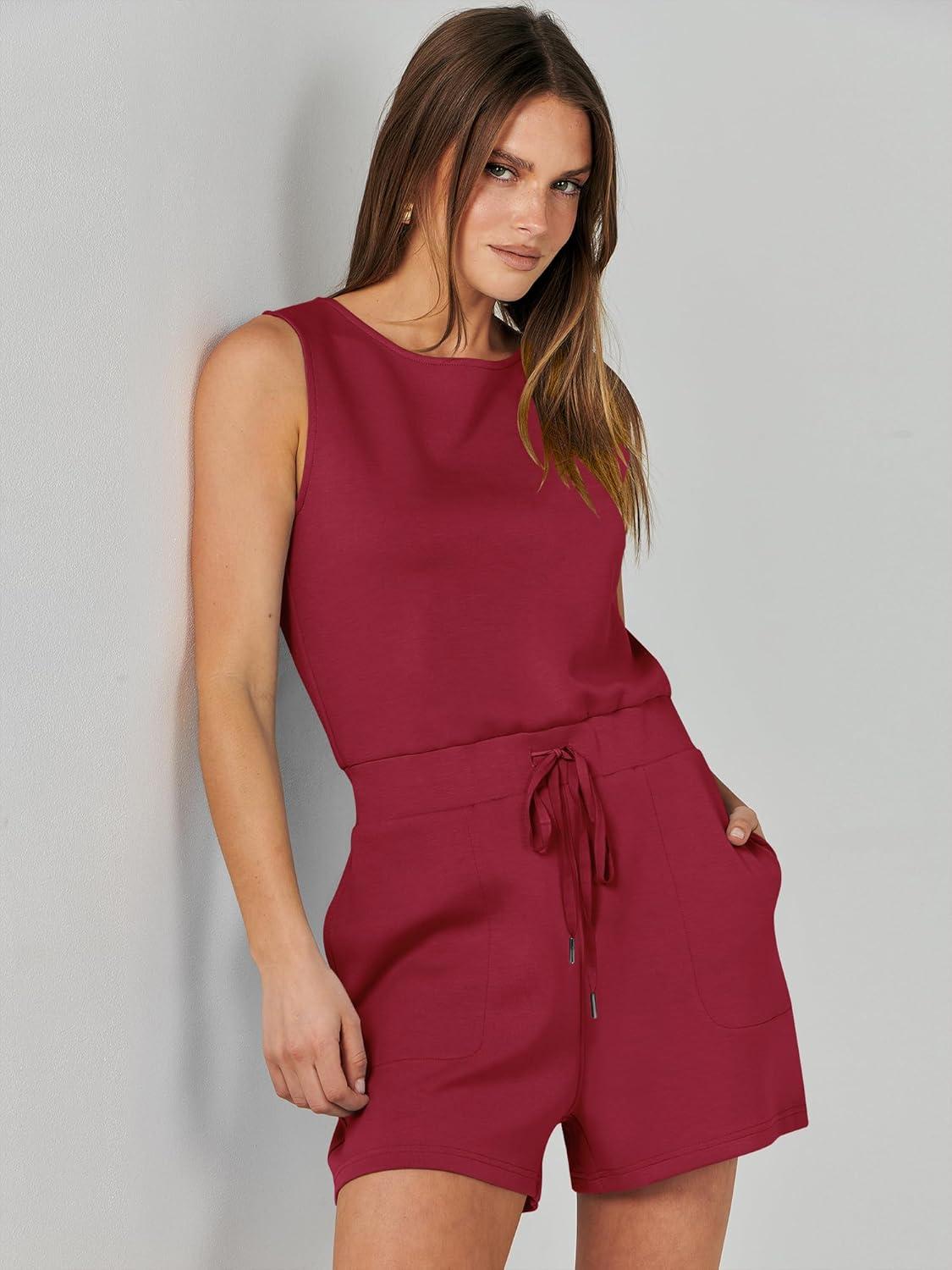 imageANRABESS Romper for Women Short Jumpsuit Summer Casual Dressy Sleeveless Outfits Beach Vacation 2025 Trendy One Piece ClothesRed