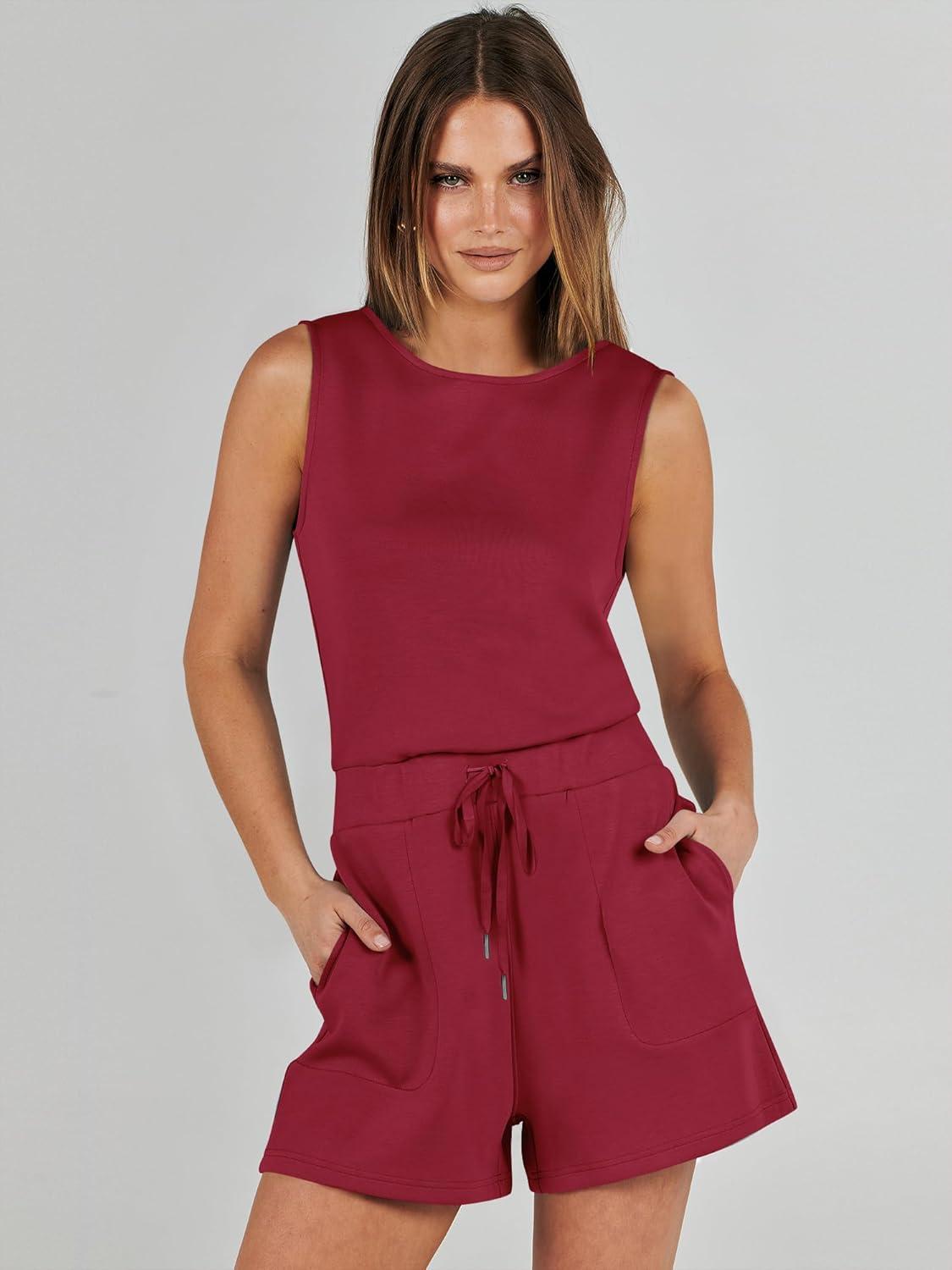 imageANRABESS Romper for Women Short Jumpsuit Summer Casual Dressy Sleeveless Outfits Beach Vacation 2025 Trendy One Piece ClothesRed