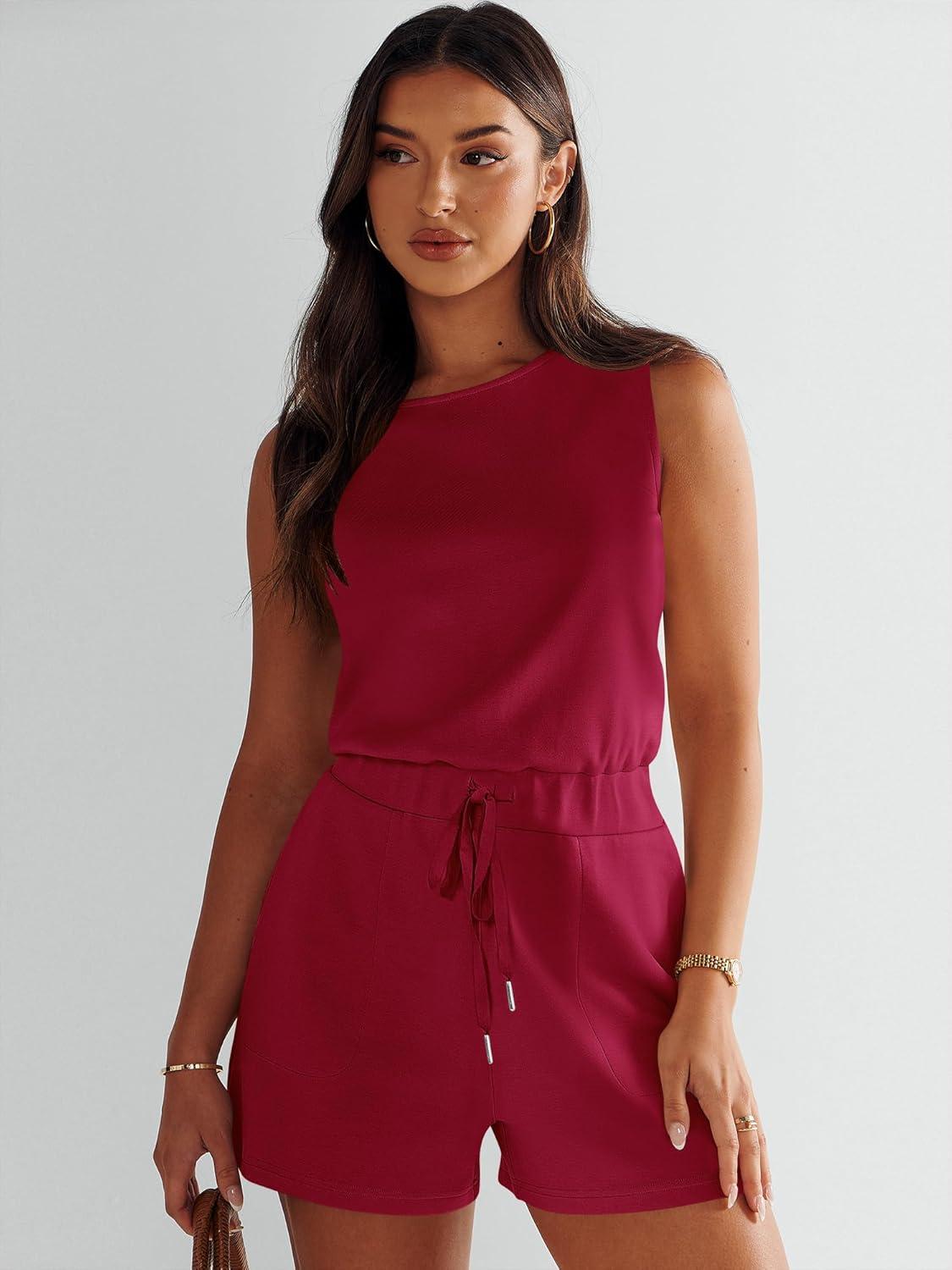 imageANRABESS Romper for Women Short Jumpsuit Summer Casual Dressy Sleeveless Outfits Beach Vacation 2025 Trendy One Piece ClothesRed