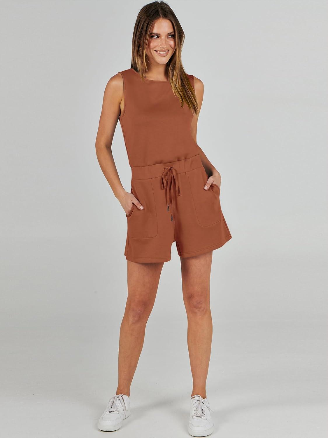 imageANRABESS Romper for Women Short Jumpsuit Summer Casual Dressy Sleeveless Outfits Beach Vacation 2025 Trendy One Piece ClothesRust