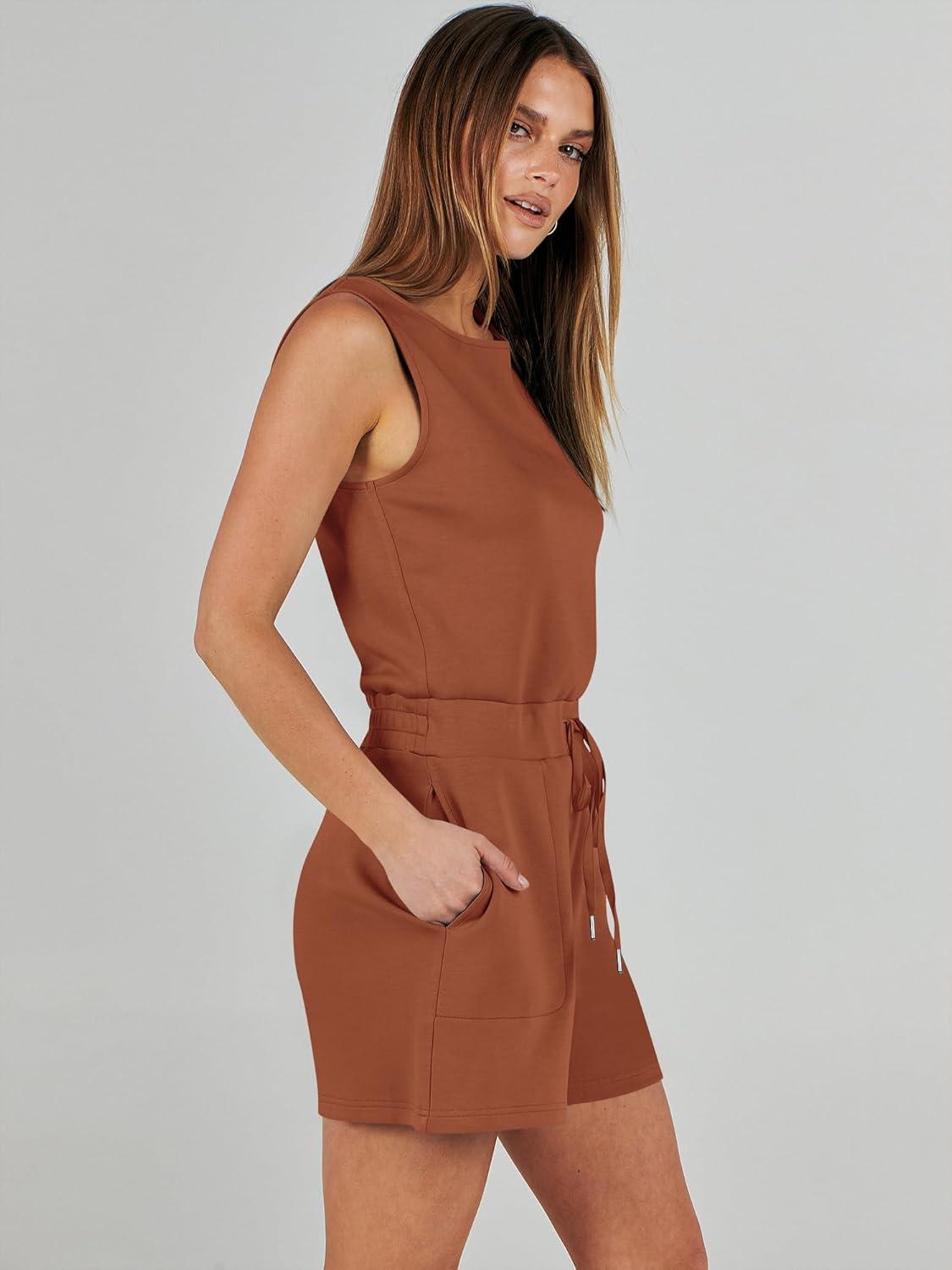 imageANRABESS Romper for Women Short Jumpsuit Summer Casual Dressy Sleeveless Outfits Beach Vacation 2025 Trendy One Piece ClothesRust