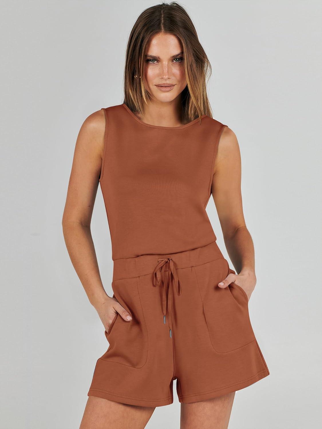 imageANRABESS Romper for Women Short Jumpsuit Summer Casual Dressy Sleeveless Outfits Beach Vacation 2025 Trendy One Piece ClothesRust