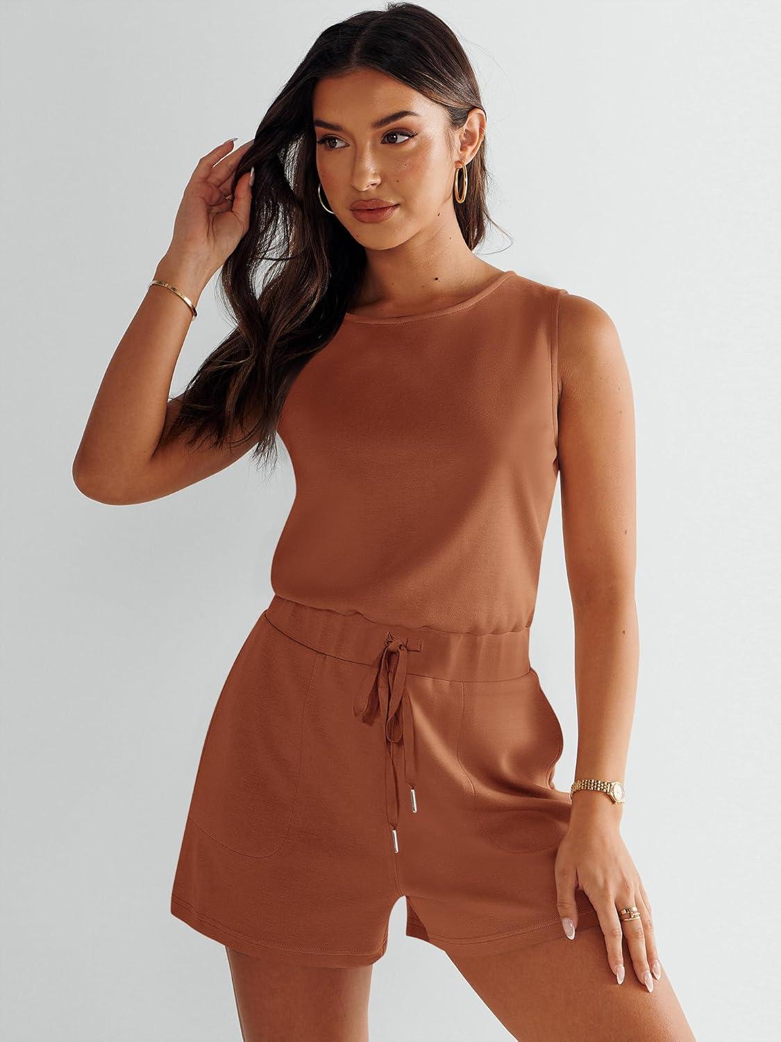 imageANRABESS Romper for Women Short Jumpsuit Summer Casual Dressy Sleeveless Outfits Beach Vacation 2025 Trendy One Piece ClothesRust