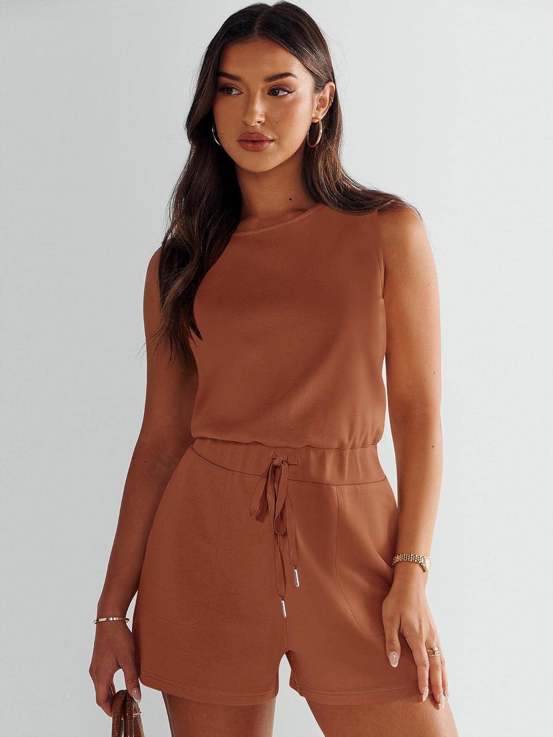 imageANRABESS Romper for Women Short Jumpsuit Summer Casual Dressy Sleeveless Outfits Beach Vacation 2025 Trendy One Piece ClothesRust